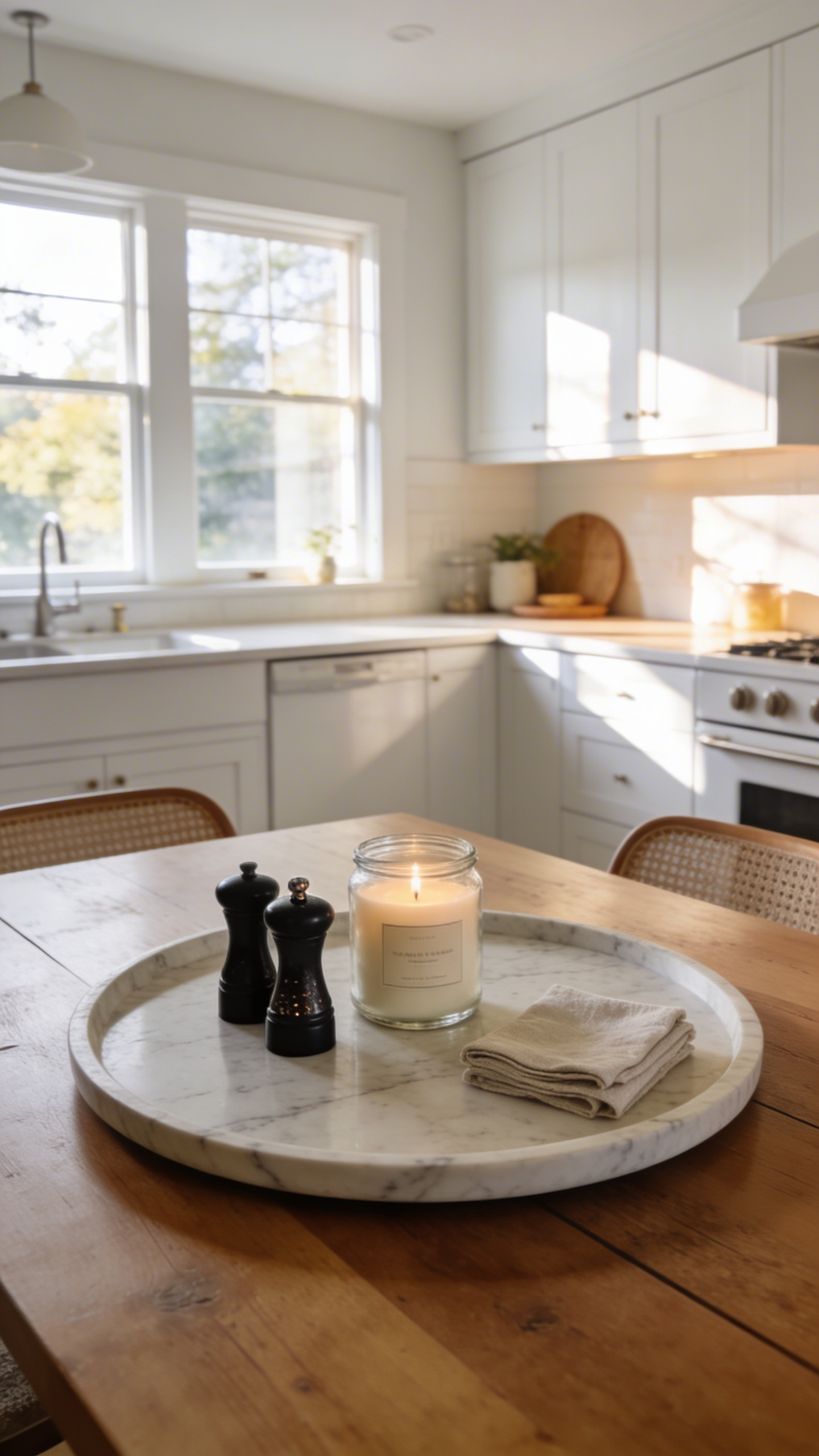 A bright kitchen table featuring a marble tray used to organize a candle, napkins, and salt and pepper shakers.
