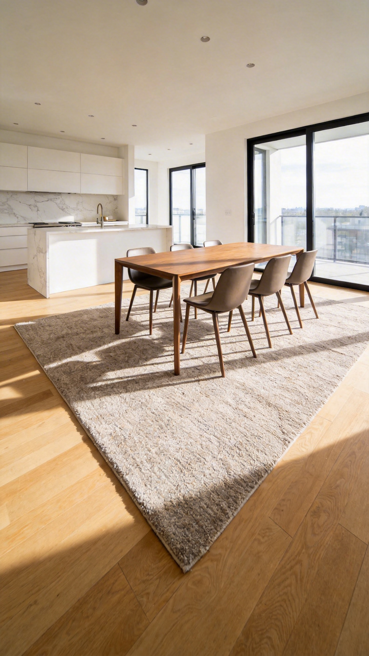 A spacious open-concept kitchen showing a wooden dining table anchored by a large area rug to create a distinct room-within-a-room effect.