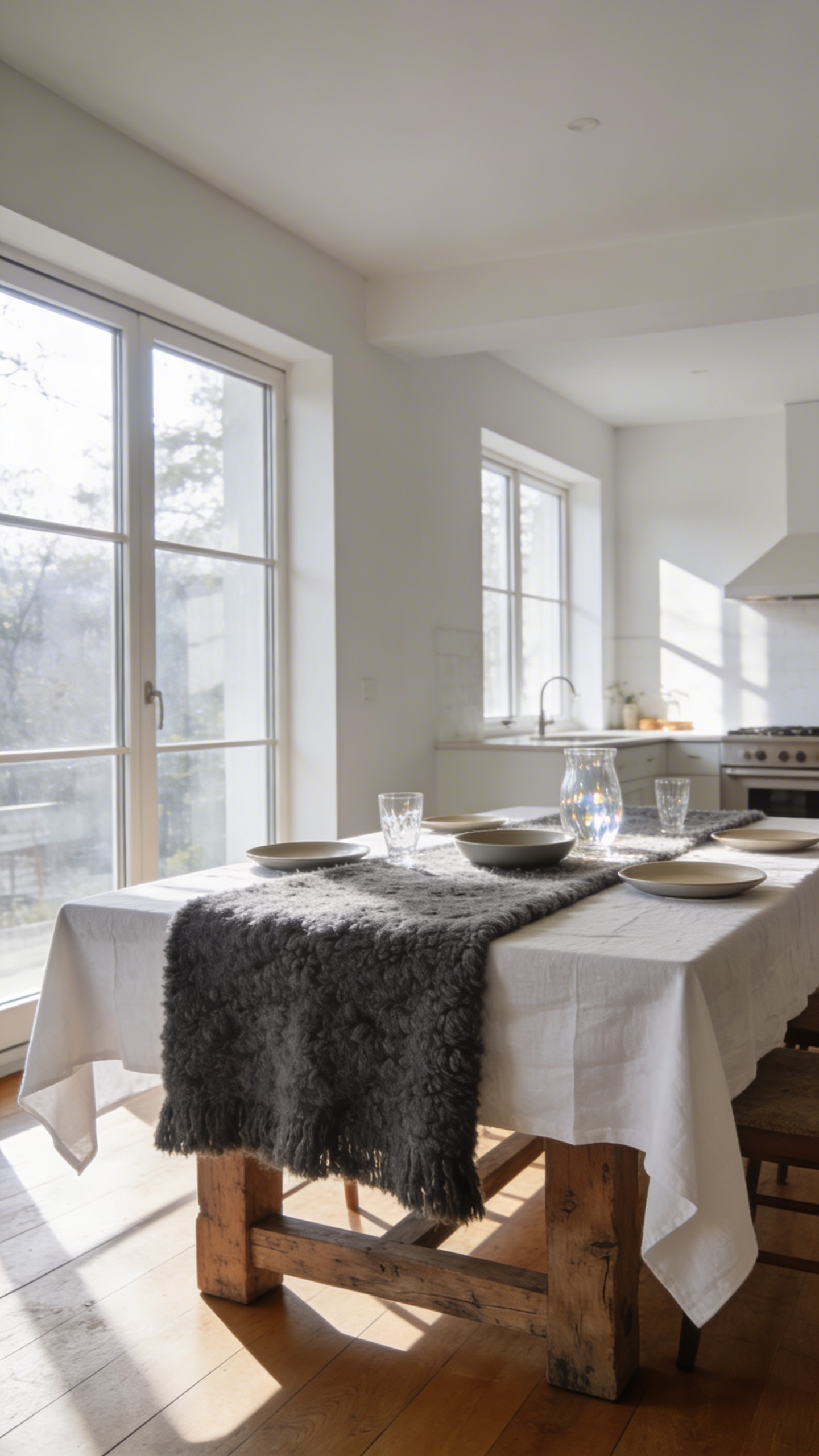 A full view of a wooden kitchen table styled with a heavy wool runner and linen textiles in a bright, sunlit modern home.