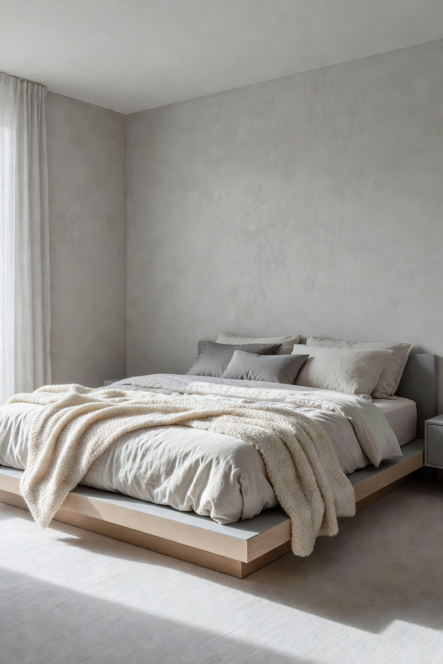 Wide-angle view of a highly textured minimalist bedroom utilizing layered warm cream and cool grey neutral colors under soft diffused lighting.