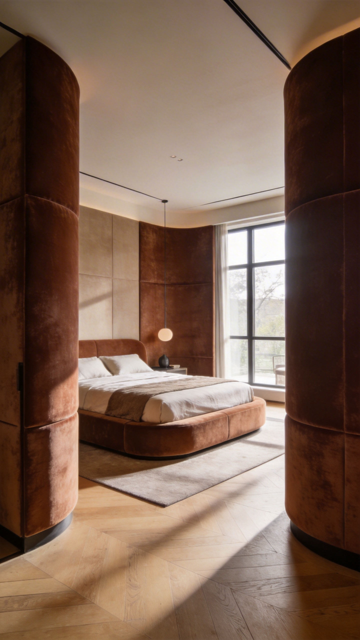 A spacious modern bedroom with a central island bed layout and tall furniture used as room dividers for privacy.