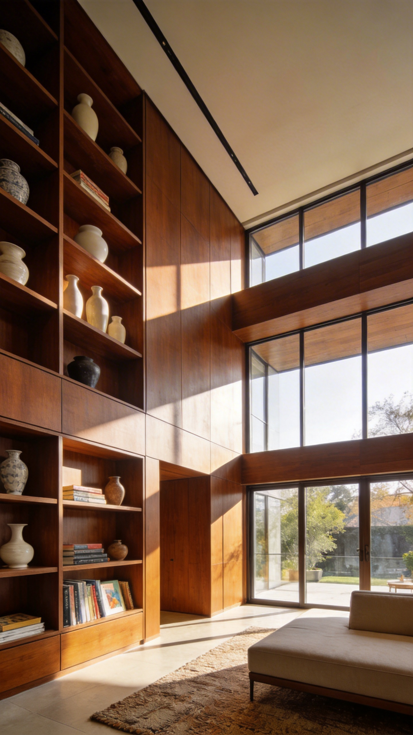 A modern living room featuring custom floor-to-ceiling walnut built-in shelving integrated into the architecture.