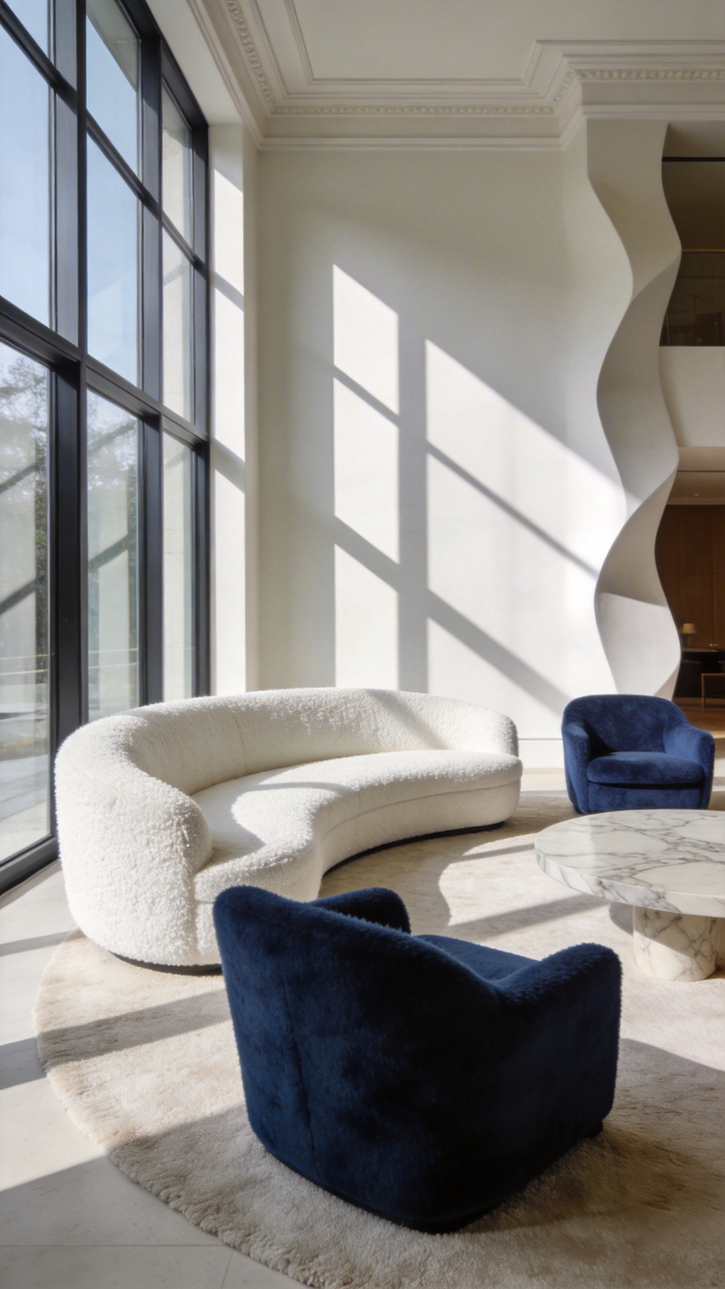 A modern luxury living room design featuring a white bouclé sofa and navy blue mohair armchairs arranged to highlight tactile fabric textures and natural light.