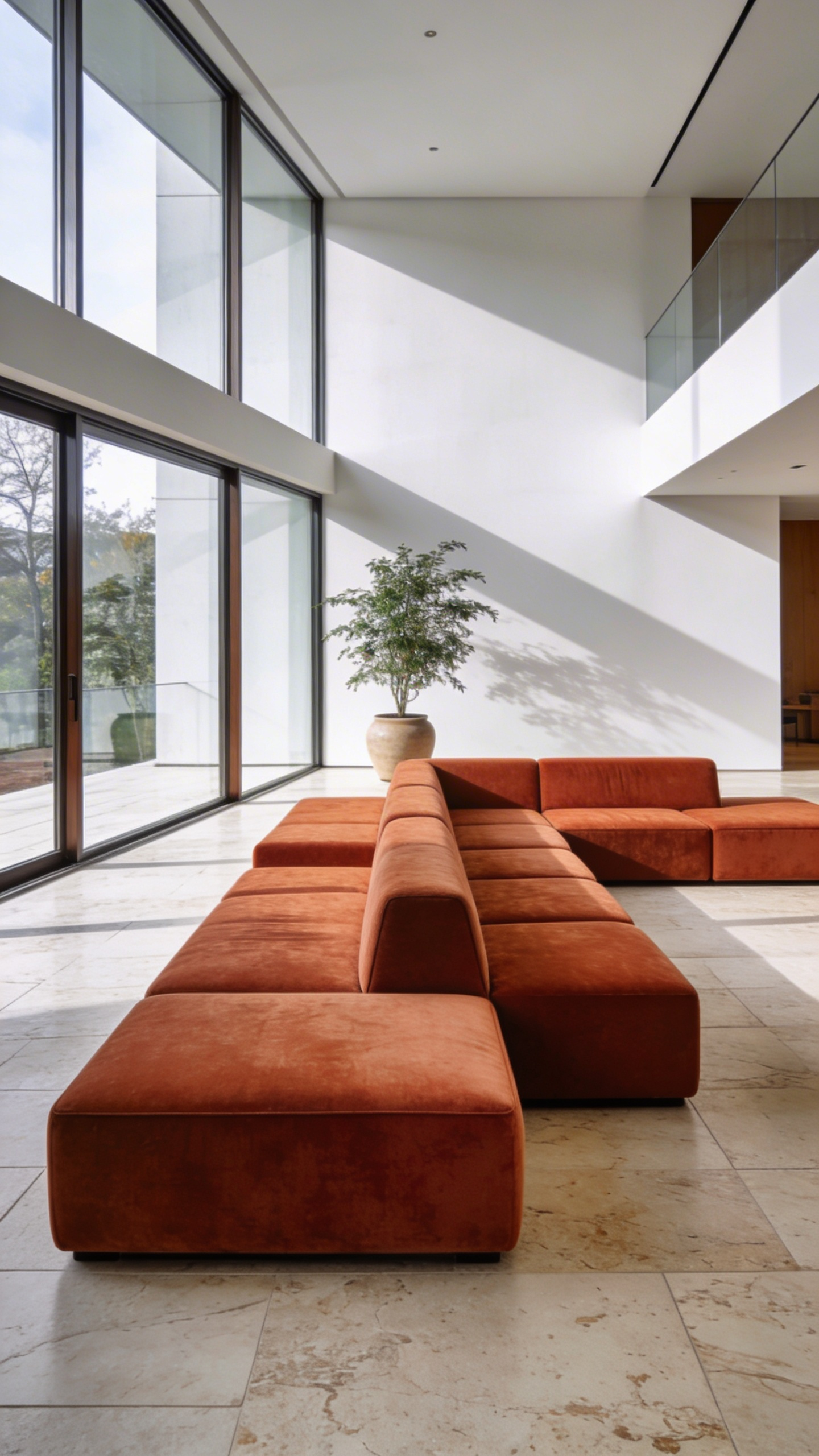 A modern living room showcasing a terracotta low-profile modular sofa system as a primary furniture idea for grounding the space.