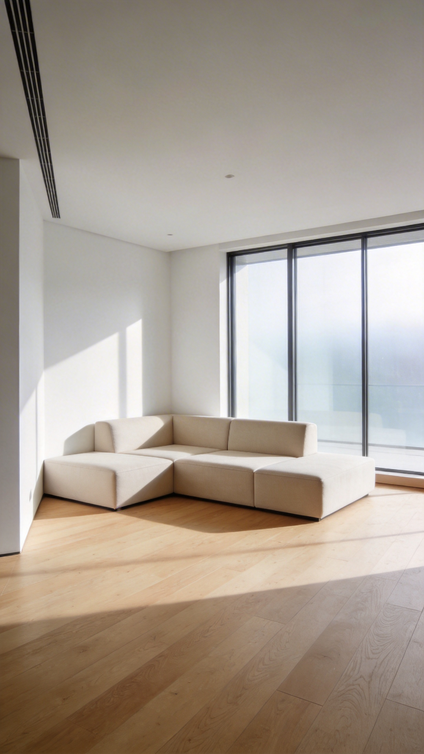 A minimalist living room design featuring an intentionally empty corner and a sleek beige sofa to demonstrate the use of negative space in interior design.