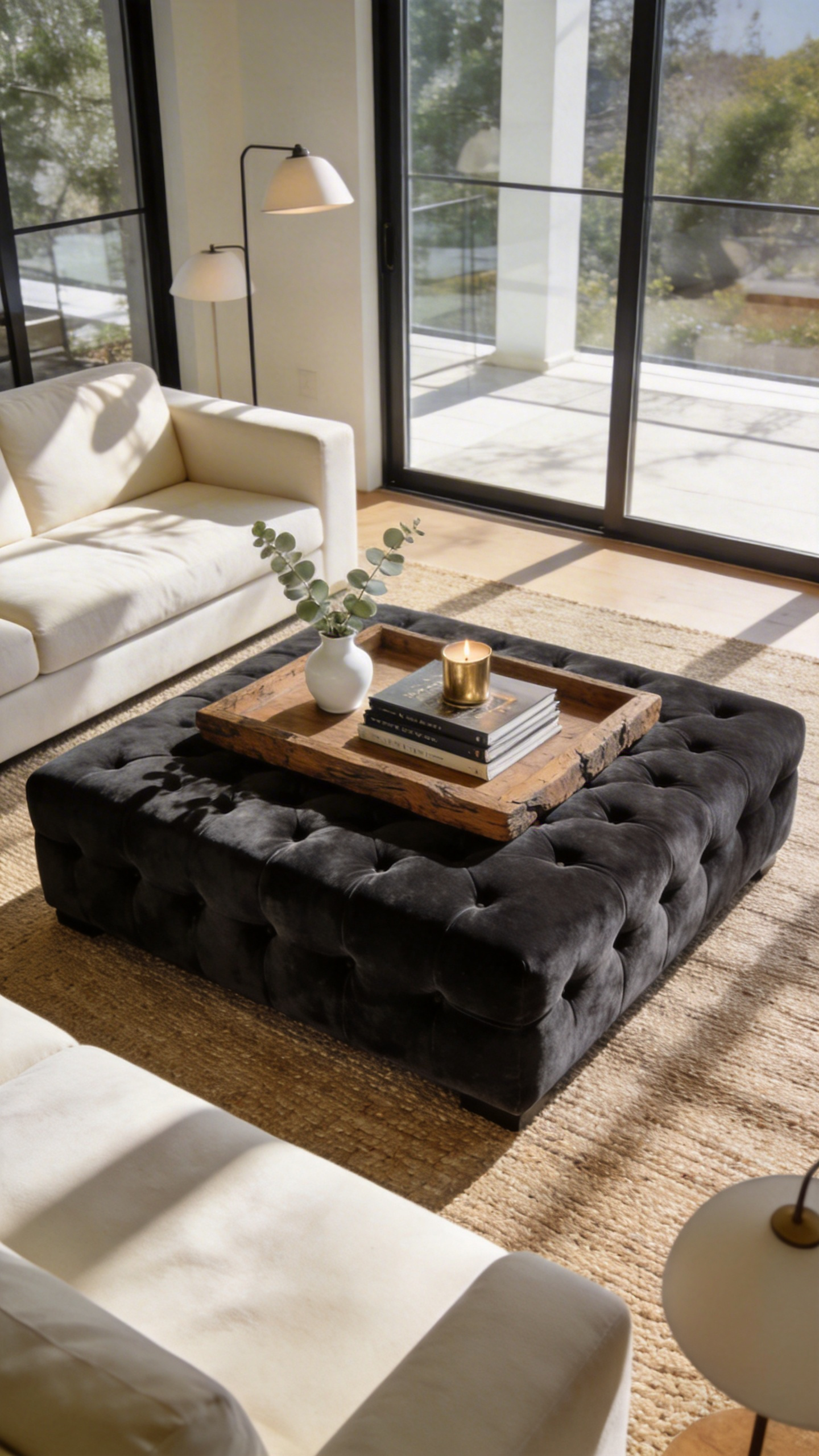 A sophisticated living room interior showing a large charcoal velvet ottoman used as a coffee table with a wooden tray and decorative accents.