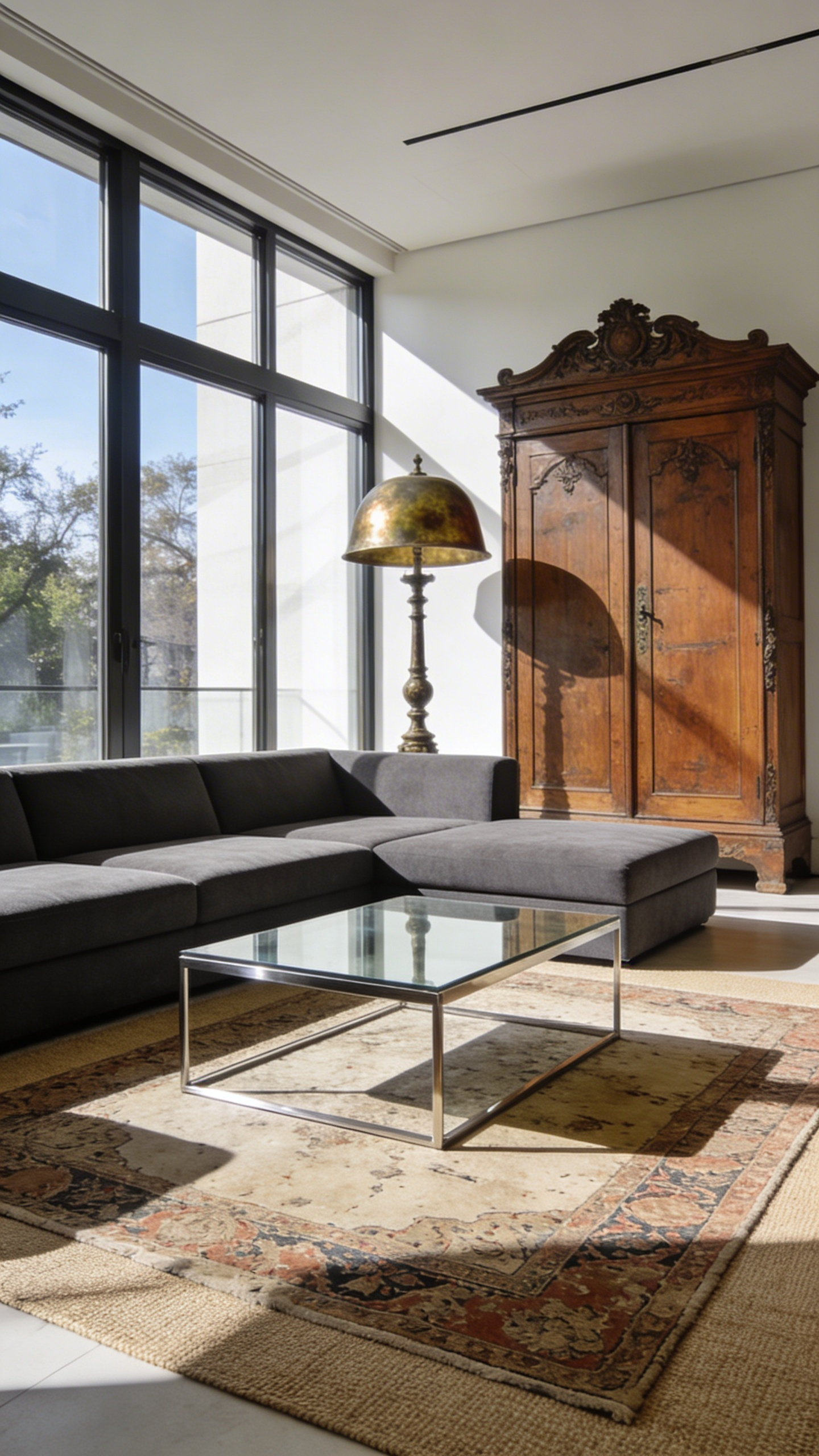 A spacious living room showcasing living room furniture ideas by blending a contemporary grey sectional with a vintage wooden cabinet and antique brass accents.