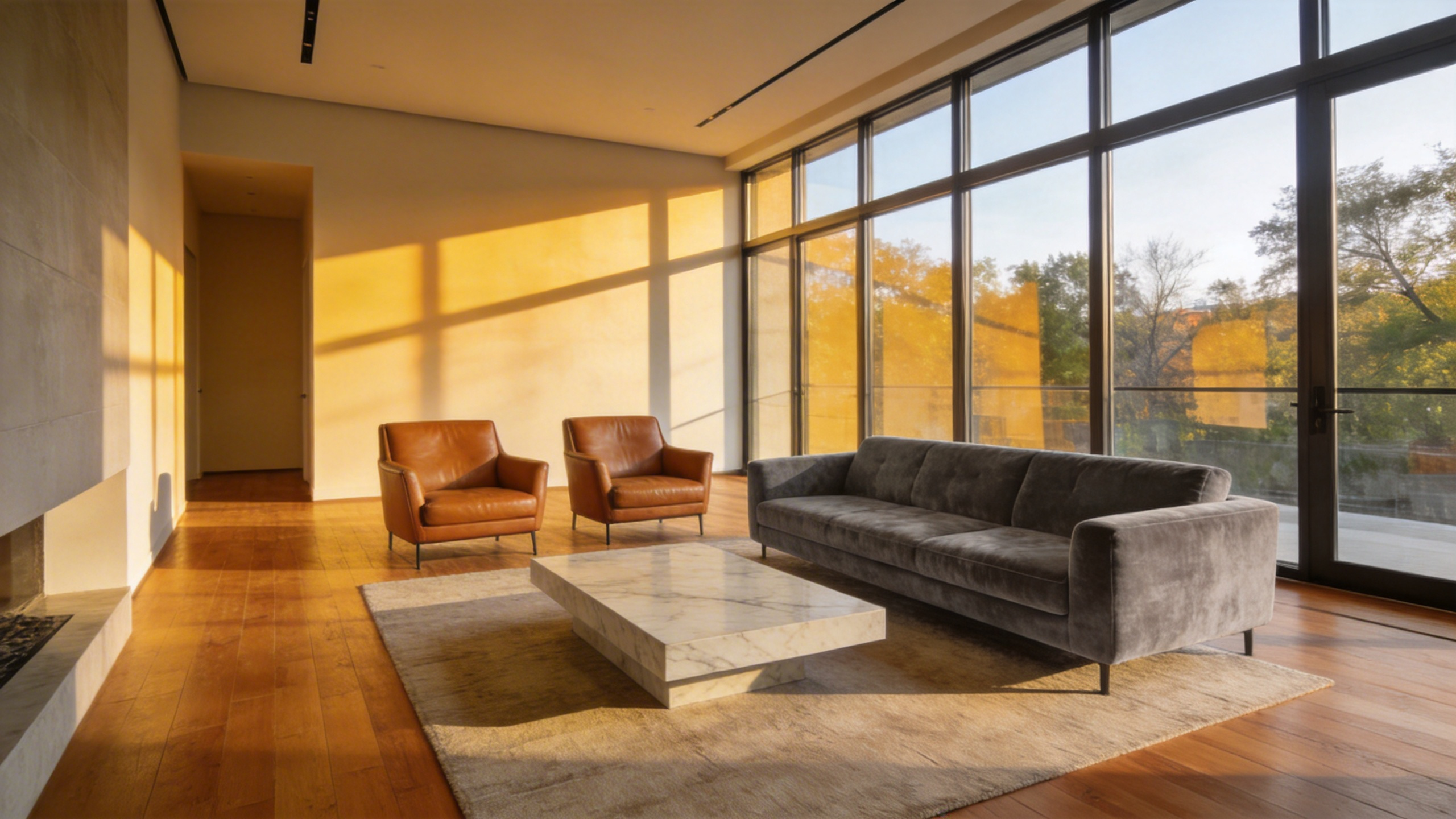 A modern living room with floating furniture ideas featuring a sofa and coffee table centered in the room to create a conversation area.