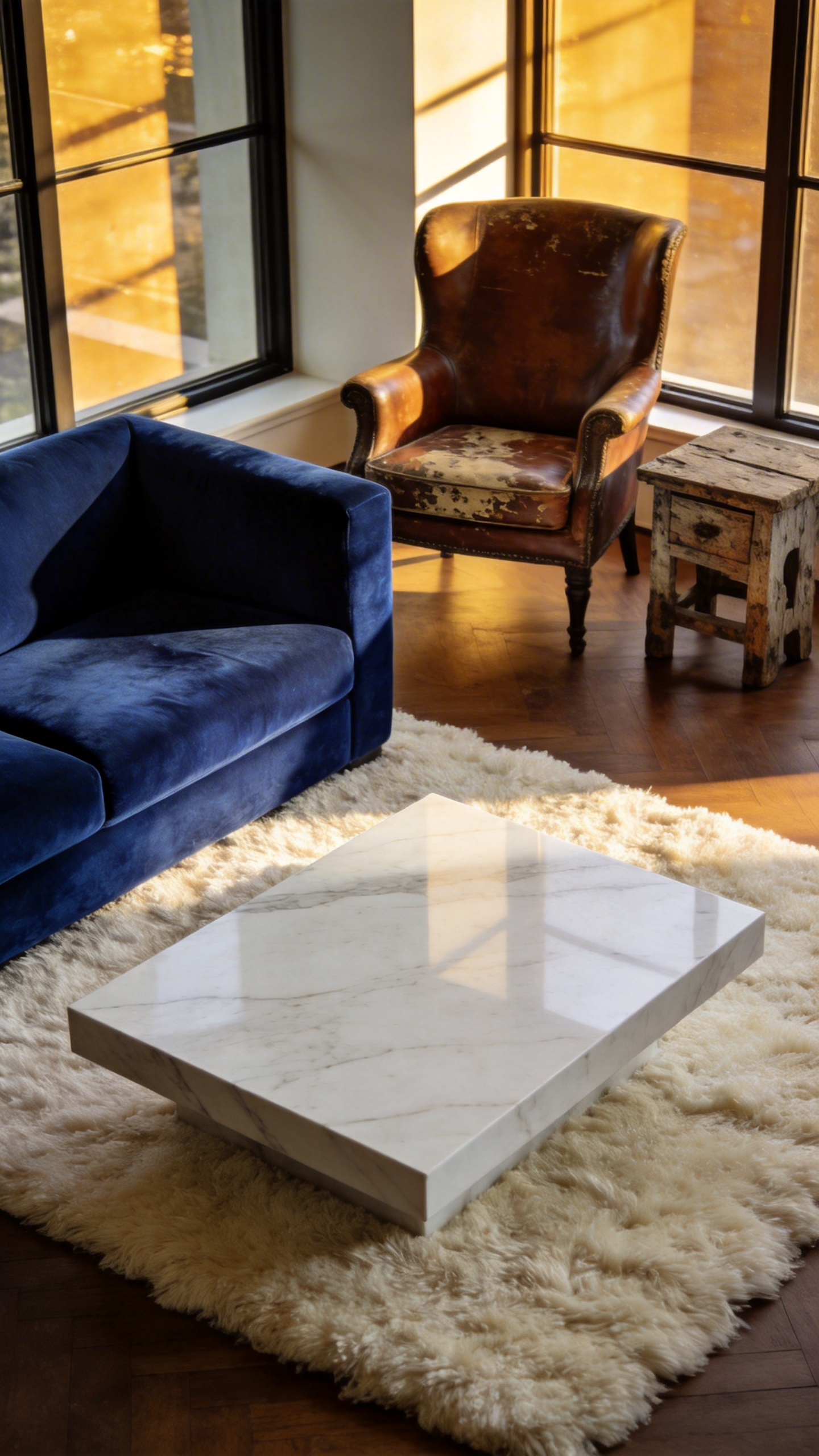 A modern living room featuring a navy velvet sofa, a white marble coffee table, and a plush rug demonstrating textured furniture ideas.