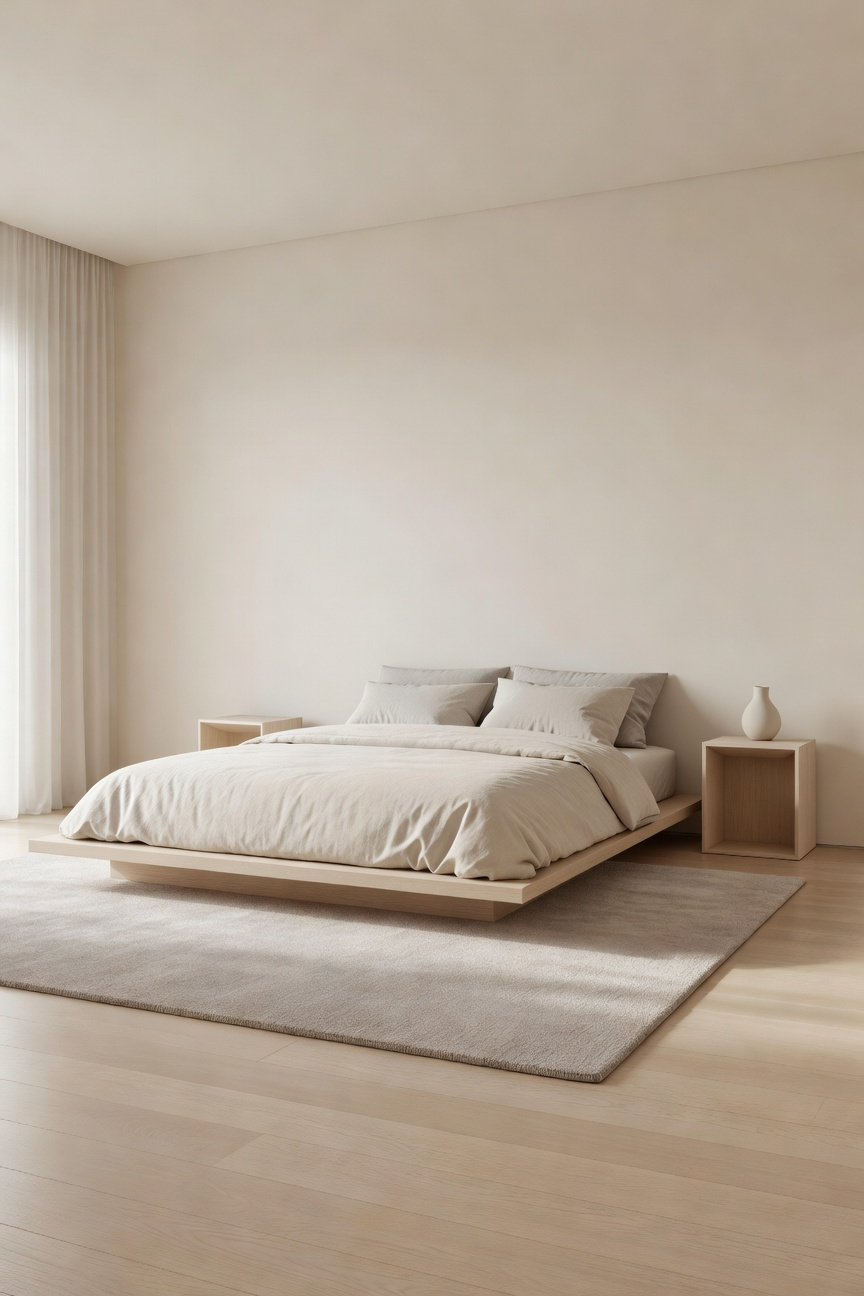A low-contrast, minimalist bedroom scene demonstrating visual quietude, featuring a platform bed, pale beige linen textiles, and bleached wood furniture, adhering to an adapted 60-30-10 tonal rule.