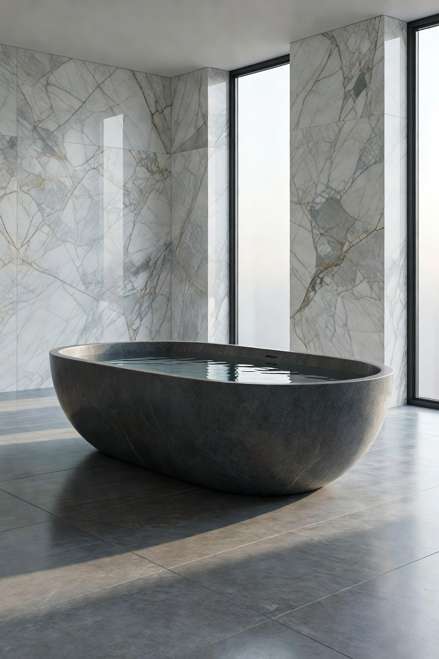 A heavy, freestanding, carved granite bathtub filled with water in a luxurious bathroom, illustrating the immense weight requiring specialized floor reinforcement and structural integrity.