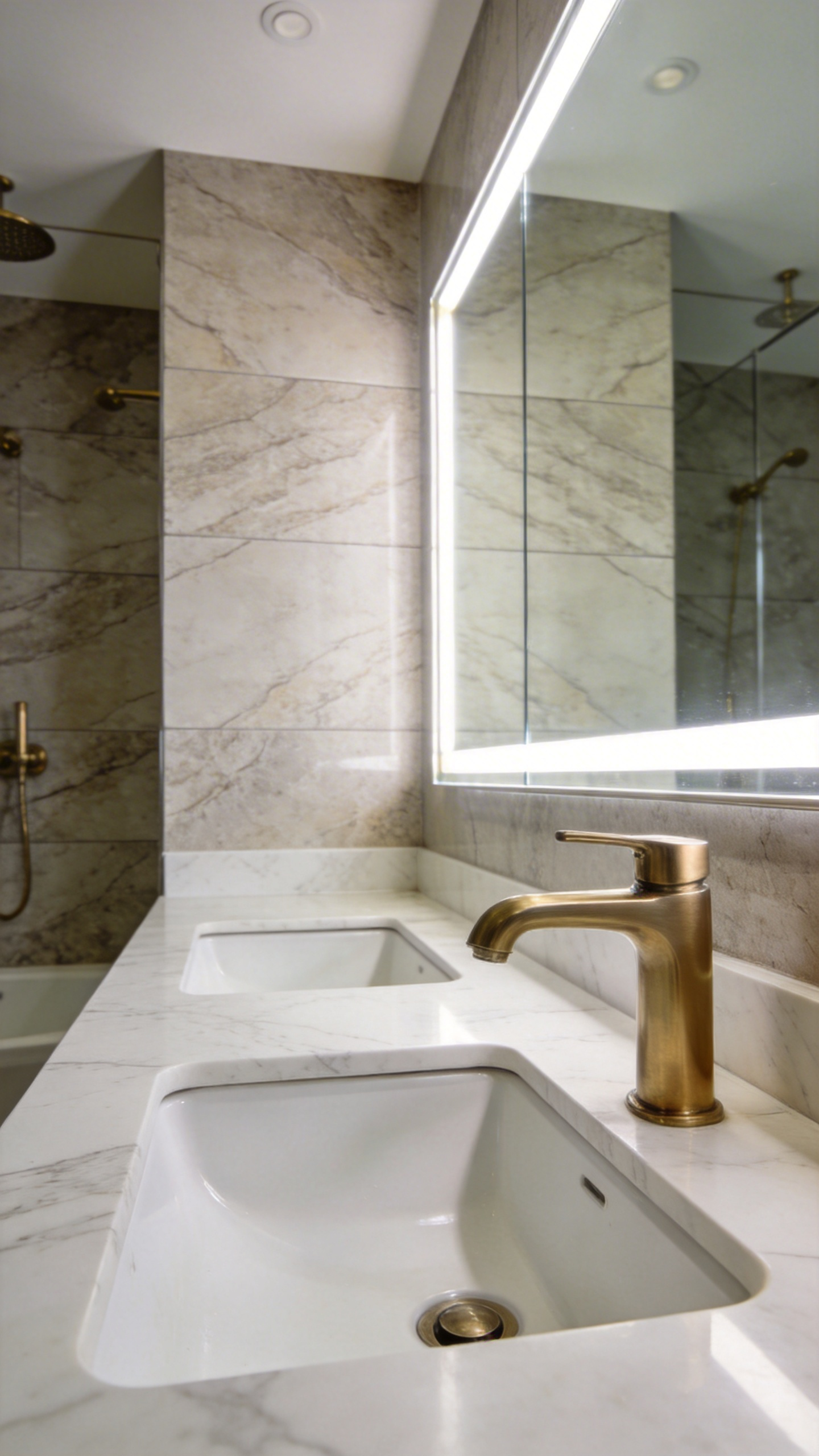 A high-end modern bathroom featuring a double vanity with marble countertops and sleek gold lever-driven faucets in a bright airy setting.