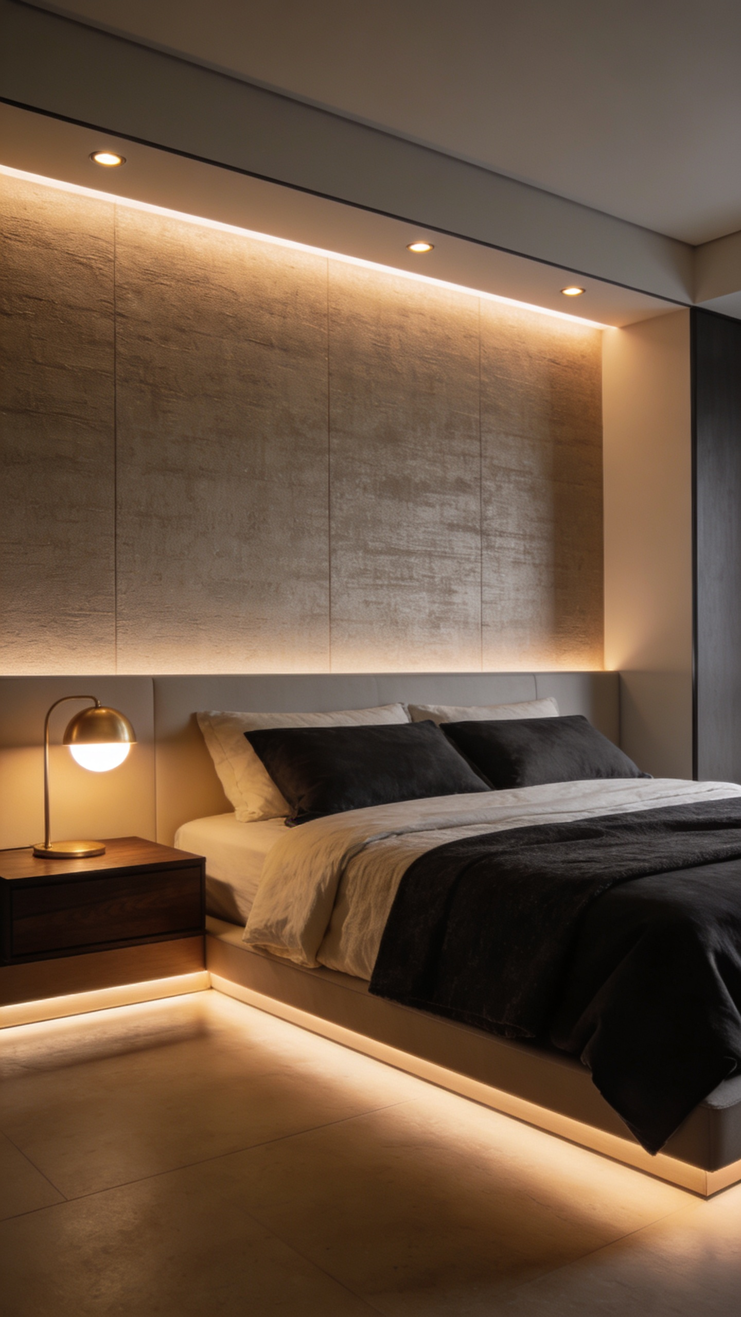 Wide shot of a luxurious, serene bedroom sanctuary with layered lighting emphasizing a feeling of psychological control from the bedside master switch area.