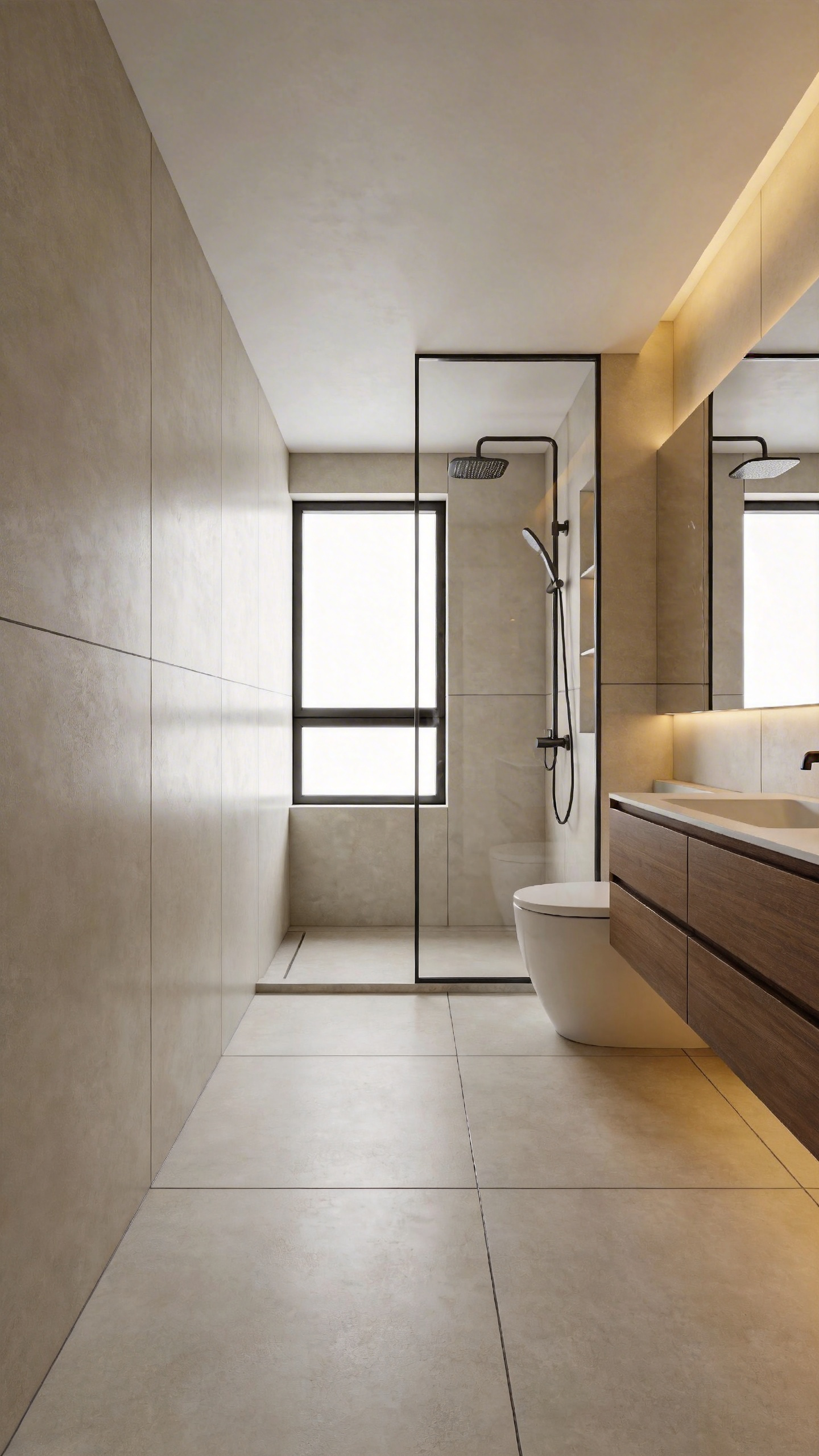 A modern luxury bathroom design featuring large-format matte grey tiles on the floor and walls with a curbless walk-in shower.