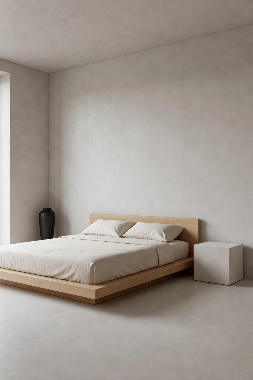 A wide, serene photograph of an ultra-minimalist bedroom featuring a low platform bed with ivory linen, seamless microcement floors, and bright morning light, emphasizing clean lines and low-maintenance design for reducing cognitive load.