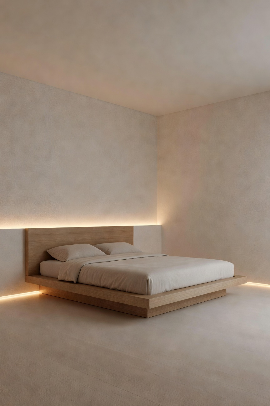 Wide architectural view of a minimalist bedroom featuring extremely warm, indirect cove lighting specifically implemented to minimize blue light exposure and align with healthy circadian rhythm design for sleep.