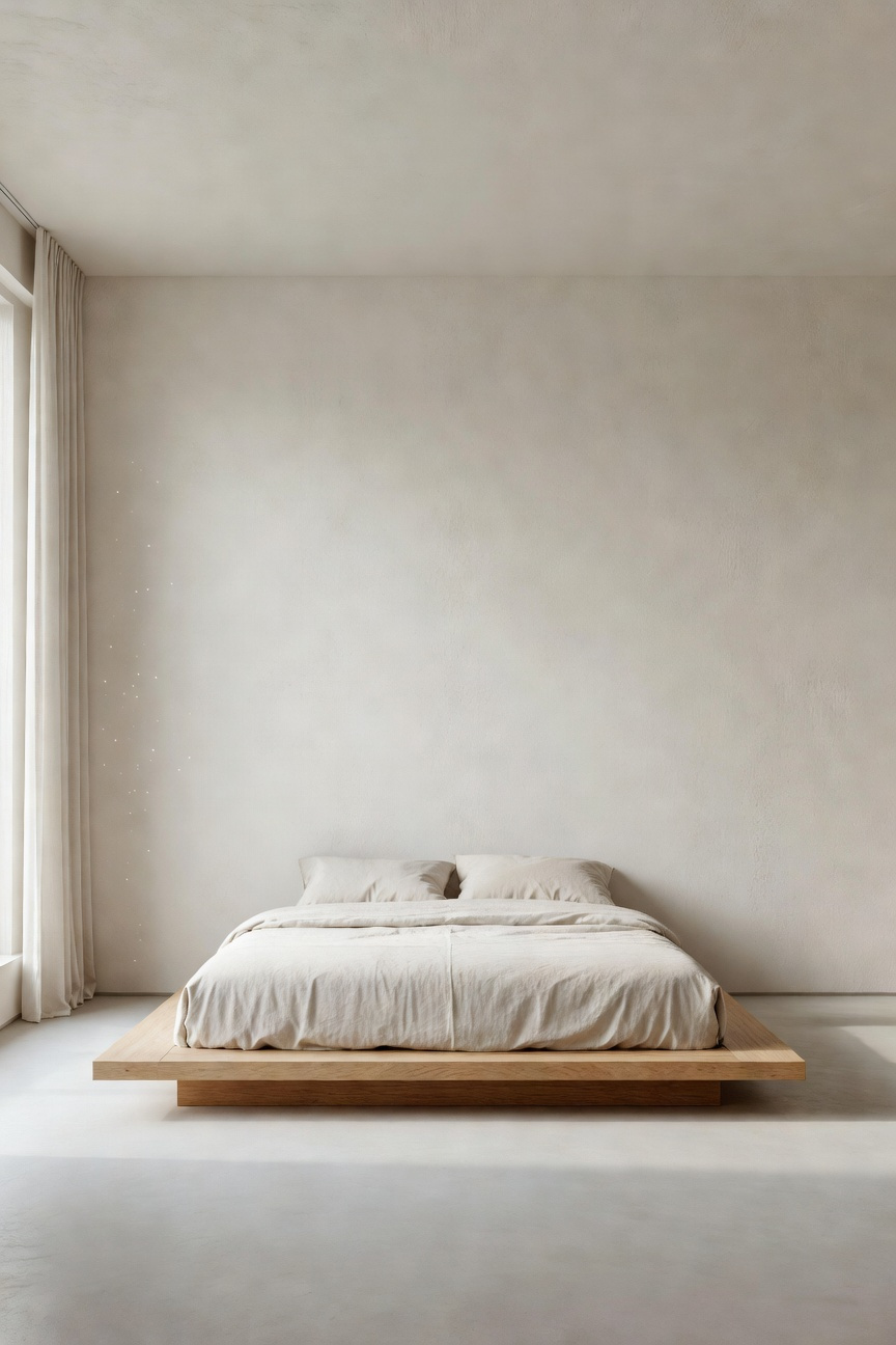 A serene, high-ceilinged minimalist bedroom featuring a low platform bed centered against a vast wall of textured white plaster, emphasizing the concept of 'Ma' (intentional negative space) and calm. Soft morning light fills the room.