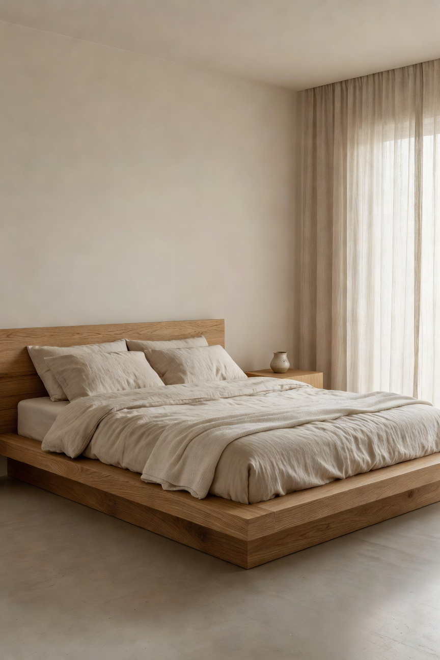 Minimalist bedroom featuring a natural oak platform bed, oatmeal linen bedding, and soft filtered natural lighting to illustrate biophilic design and material authenticity.