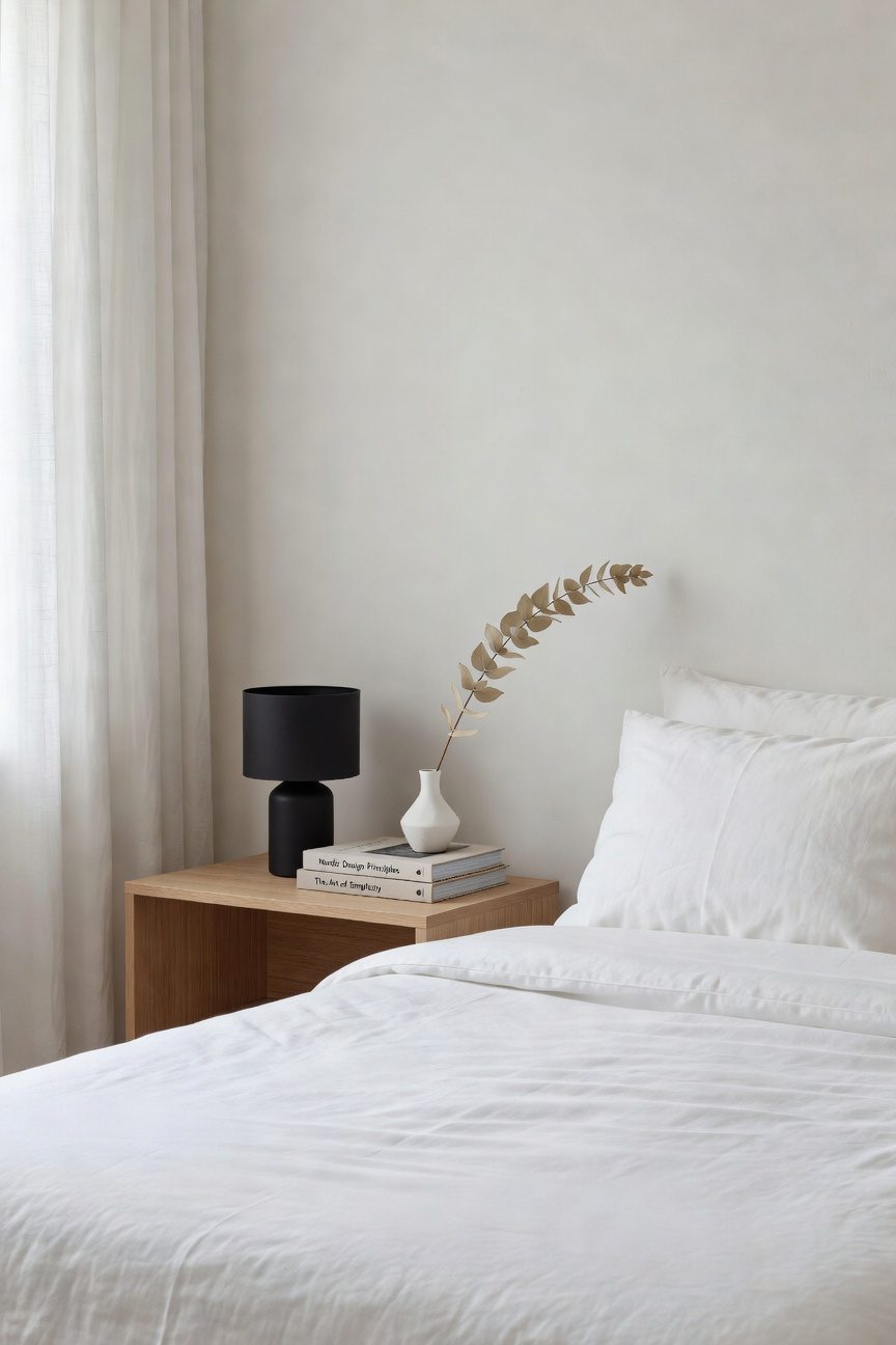 A wide-angle, minimalist bedroom view focusing on a light oak nightstand holding only a simple lamp and a book, emphasizing a clutter-free, serene environment for mental rest.