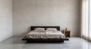 A serene, ultra-minimalist bedroom featuring a low platform bed with linen bedding, textured plaster walls, and soft diffused light, exemplifying the philosophy of aesthetic reduction.