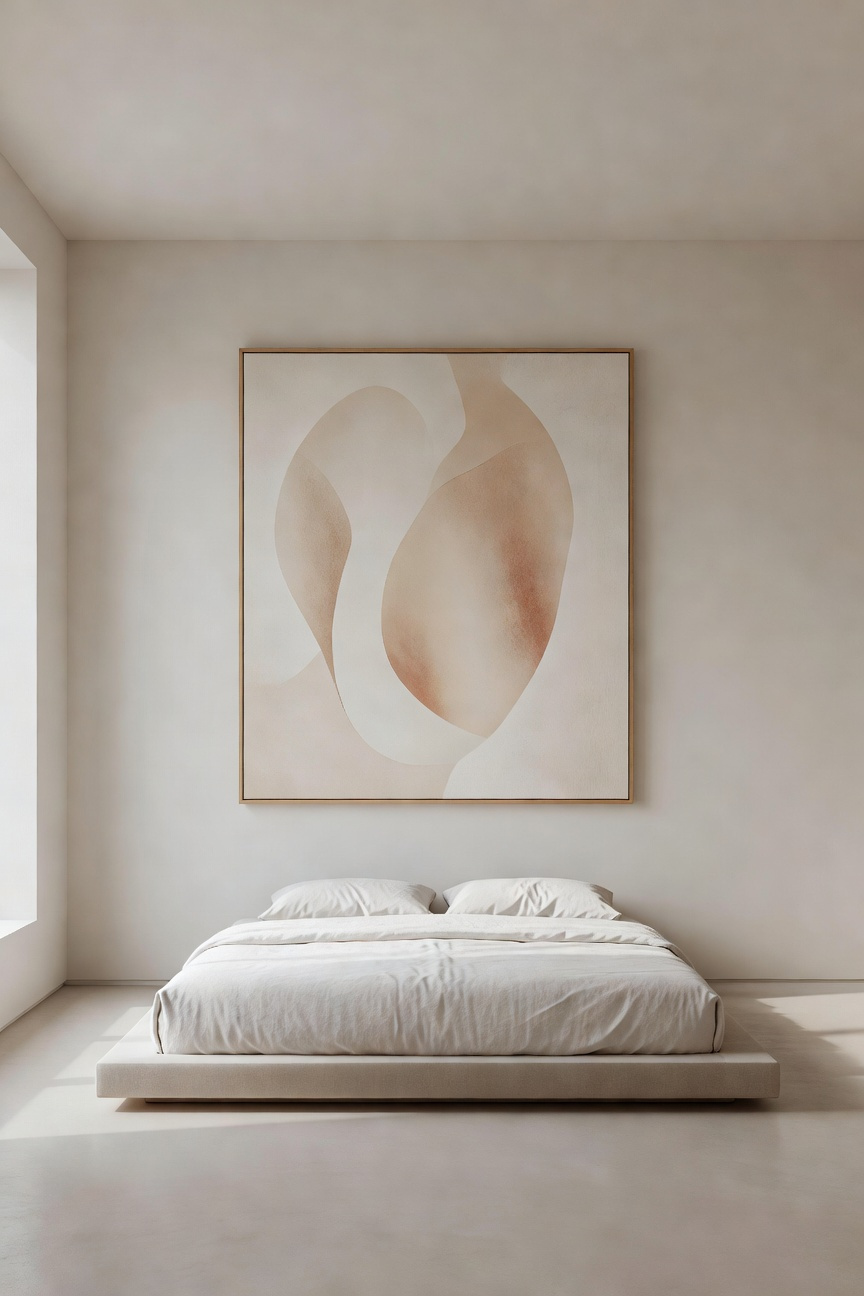 A highly minimalist bedroom featuring a low platform bed and a single, large abstract art piece centered on the wall above the headboard, conveying extreme calm and visual simplicity.