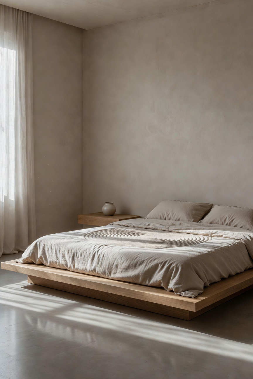 A photograph of a minimalist bedroom featuring a low wooden platform bed covered in soft, cream linen sheets, lit by gentle morning sunlight streaming through sheer curtains, emphasizing simplicity and a calm, ritualistic atmosphere inspired by Zen gardens.