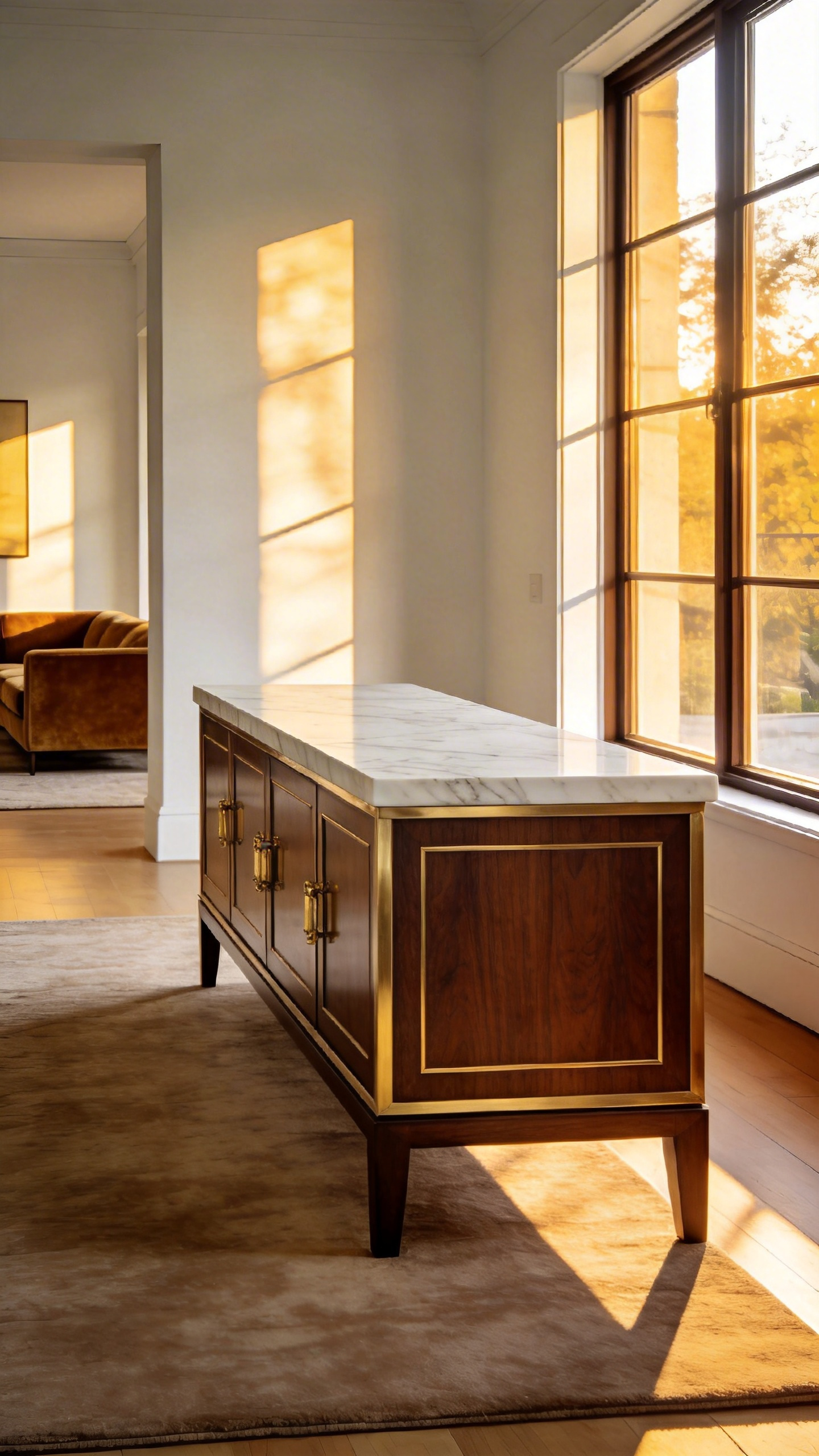 A luxury living room scene featuring a modern console table crafted from white marble, dark walnut wood, and polished brass accents.