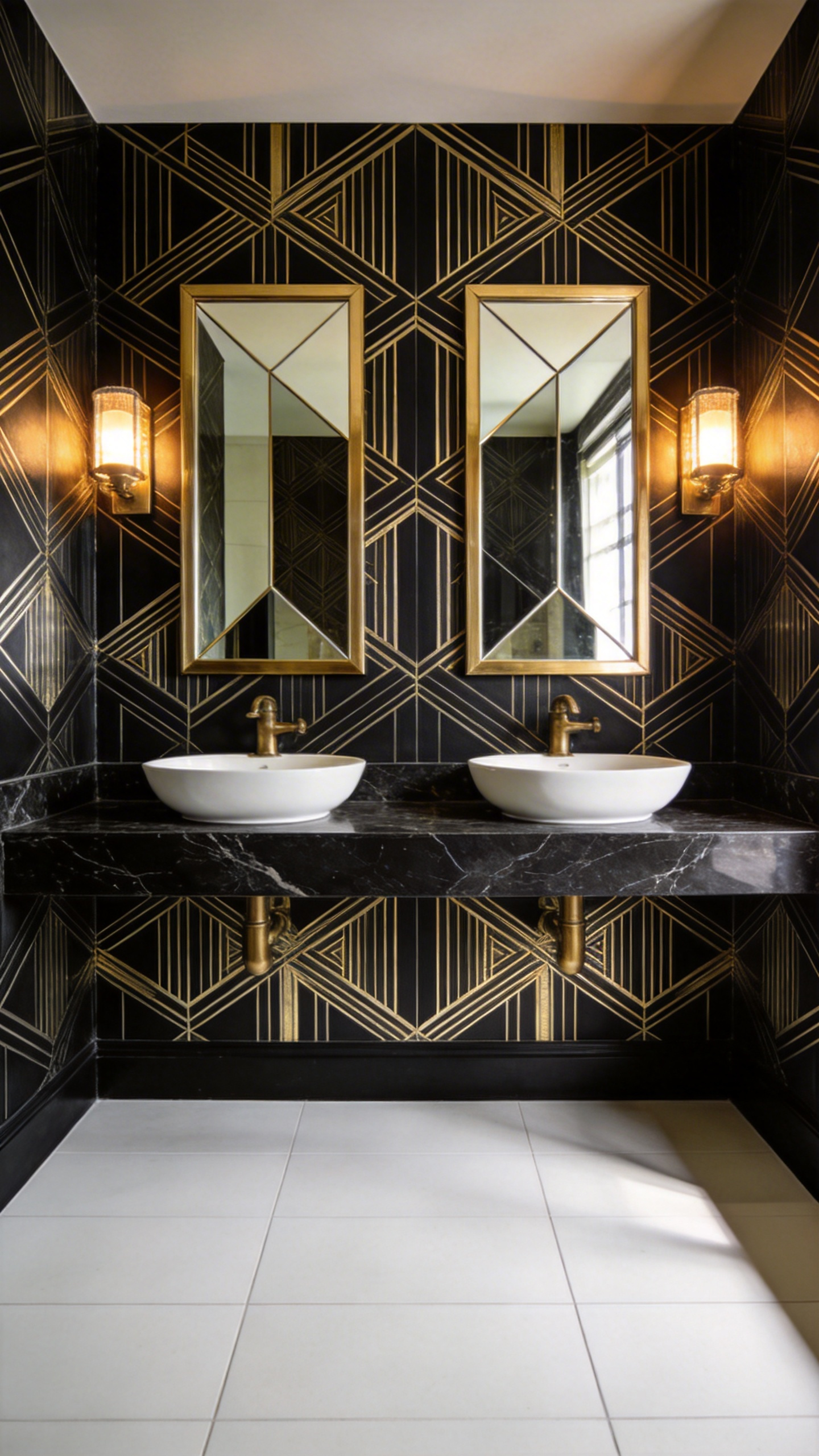A modern bathroom featuring high-contrast Art Deco wallpaper with gold geometric patterns and a symmetrical marble vanity.