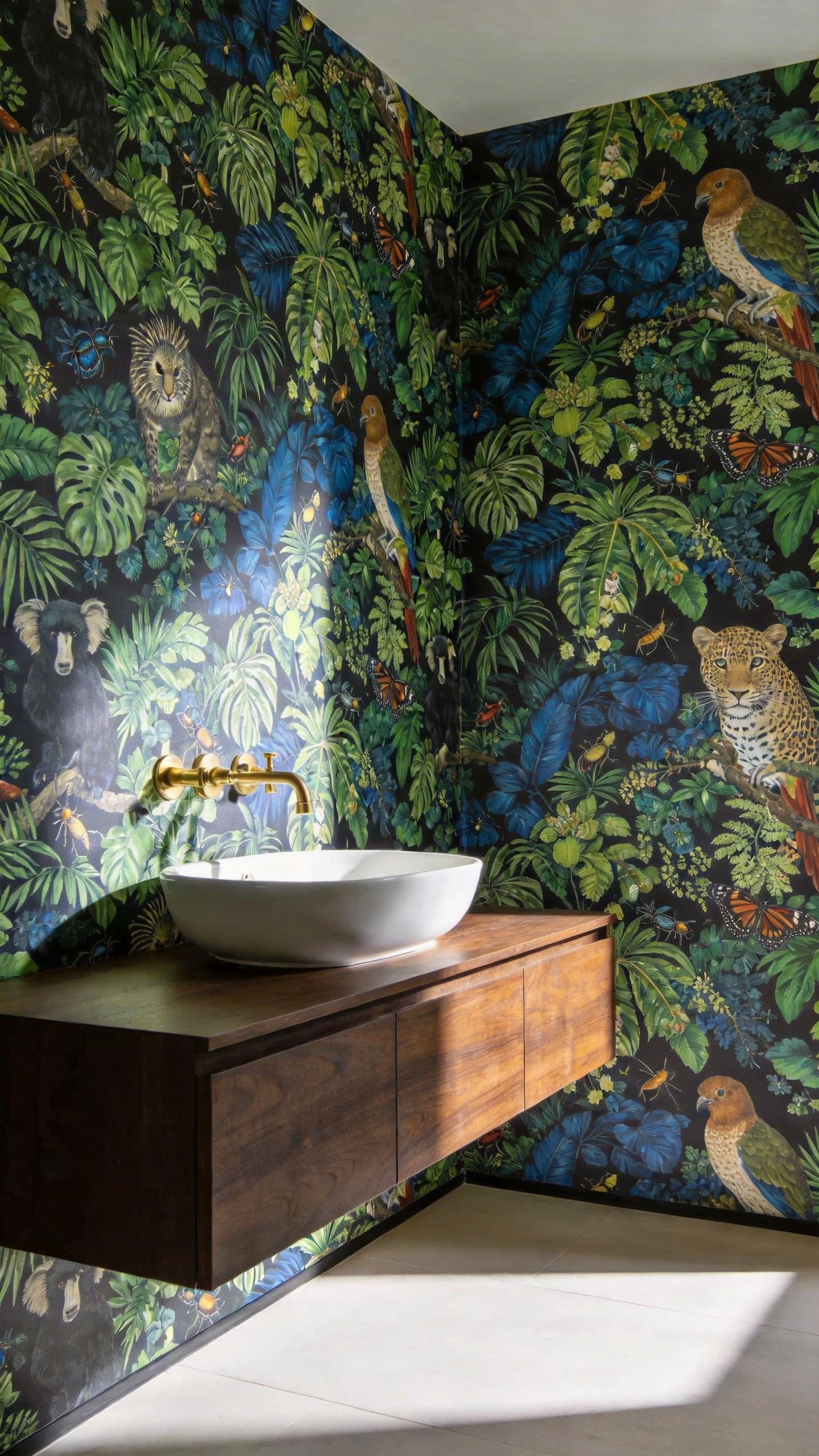 A modern bathroom with intricate conversational wallpaper featuring detailed flora and fauna prints.