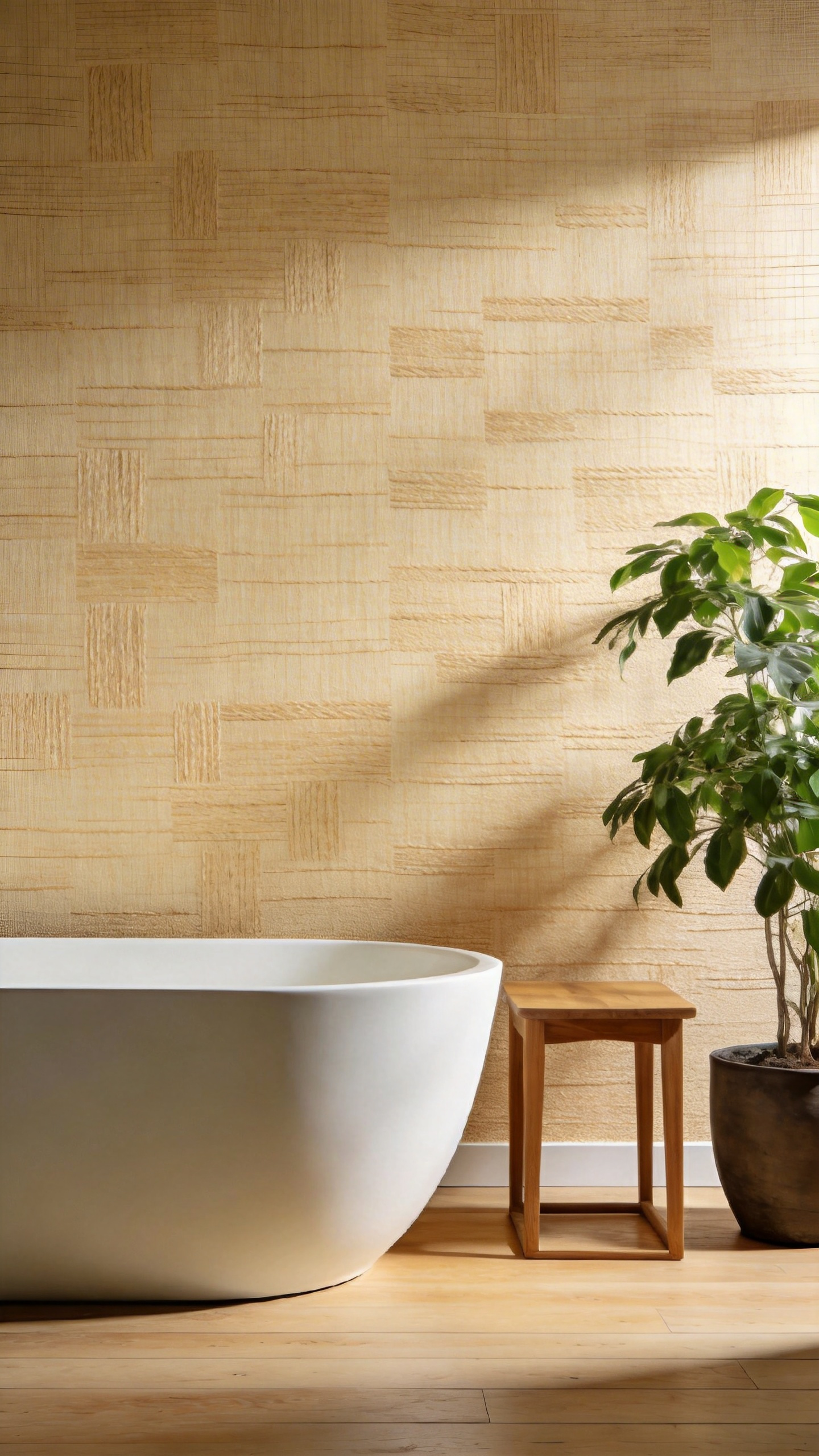 A modern bathroom with textured sand-colored faux grasscloth vinyl wallpaper and a white freestanding soaking tub.