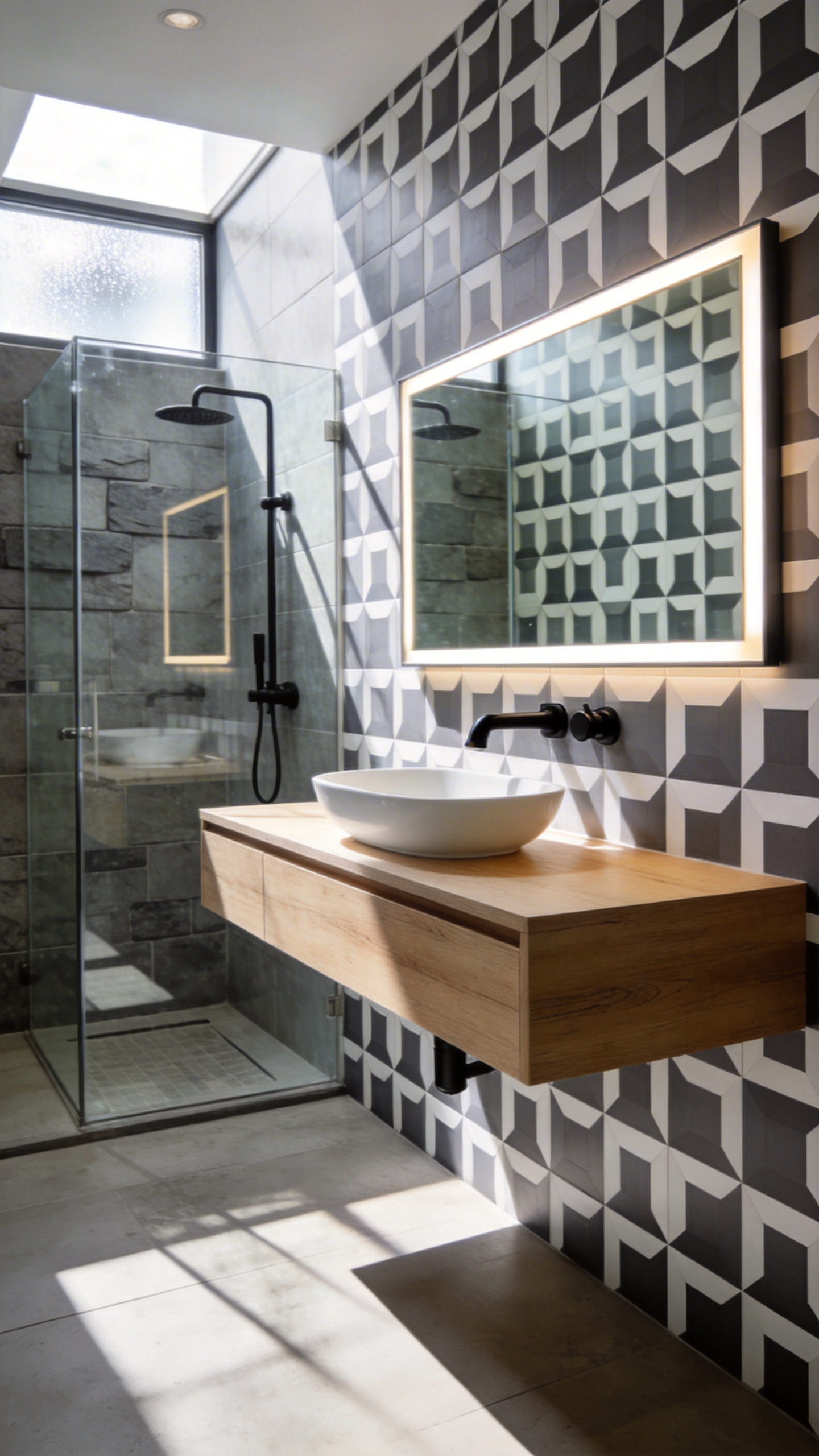 A modern bathroom featuring a clean geometric wallpaper design paired with industrial fixtures and a wooden floating vanity.