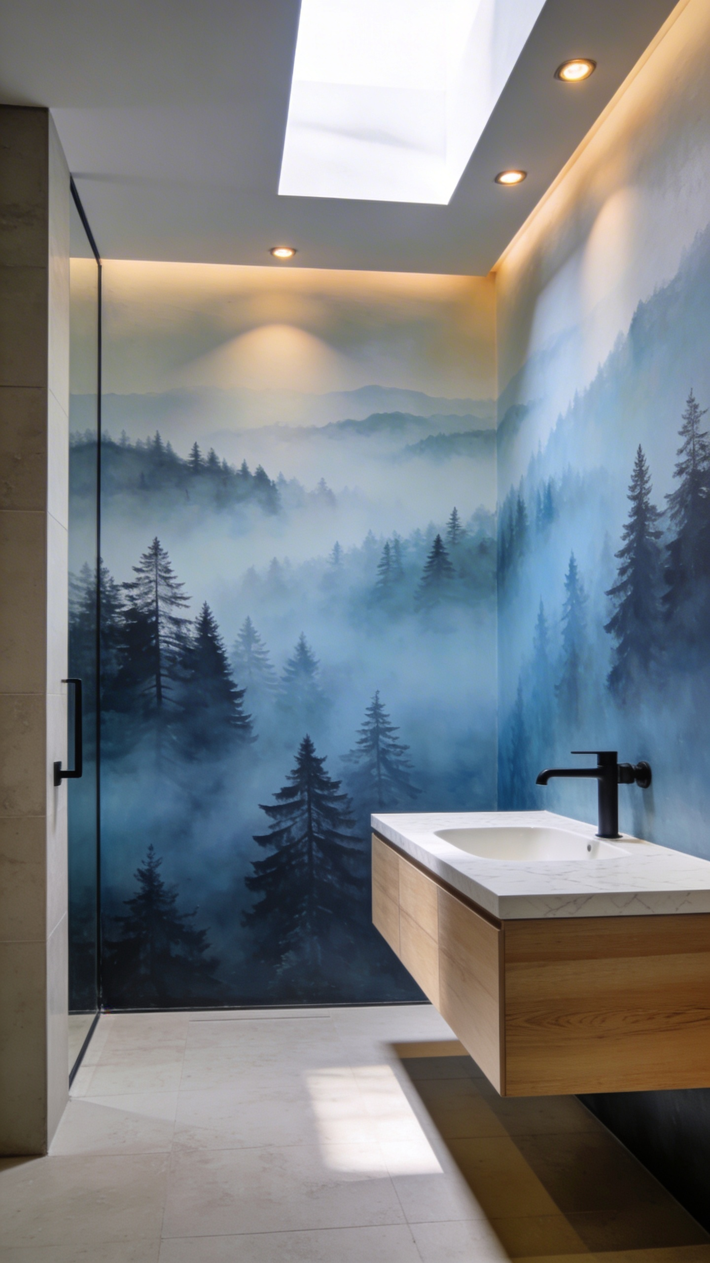 A modern bathroom featuring a misty forest mural wallpaper that uses atmospheric perspective and cool blue tones to create an illusion of depth.