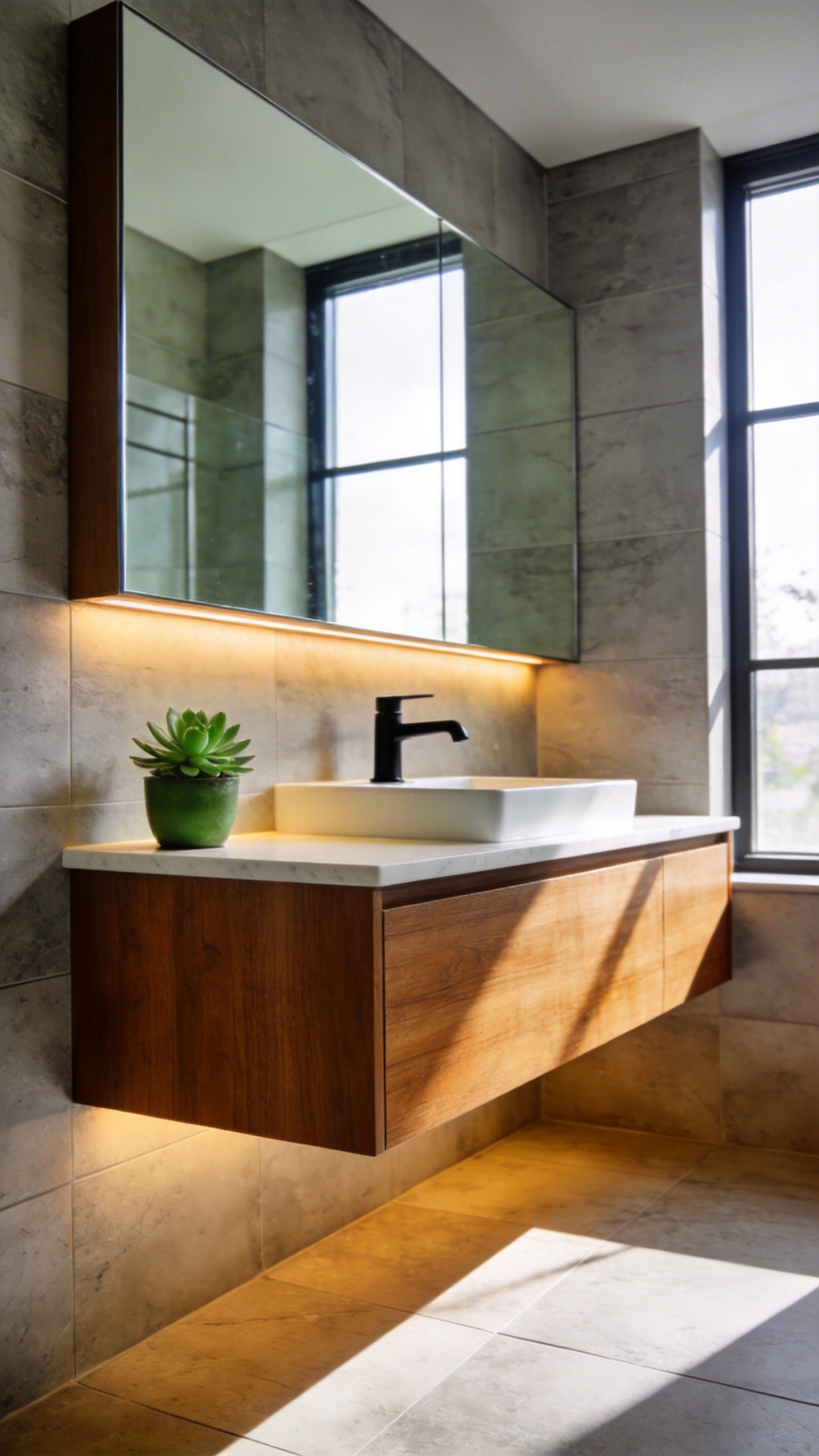 A modern bathroom featuring a light oak floating vanity with a white marble countertop and under-cabinet lighting over large gray tiles.