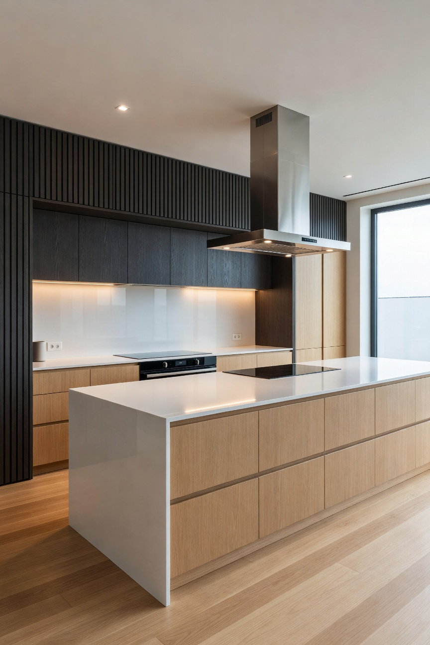A photograph showing a modern, luxury open-plan kitchen emphasizing the strategic isolation of the high-heat cooking zone, featuring a dark recessed stove area contrasting with a long, light quartz island used for social interaction.