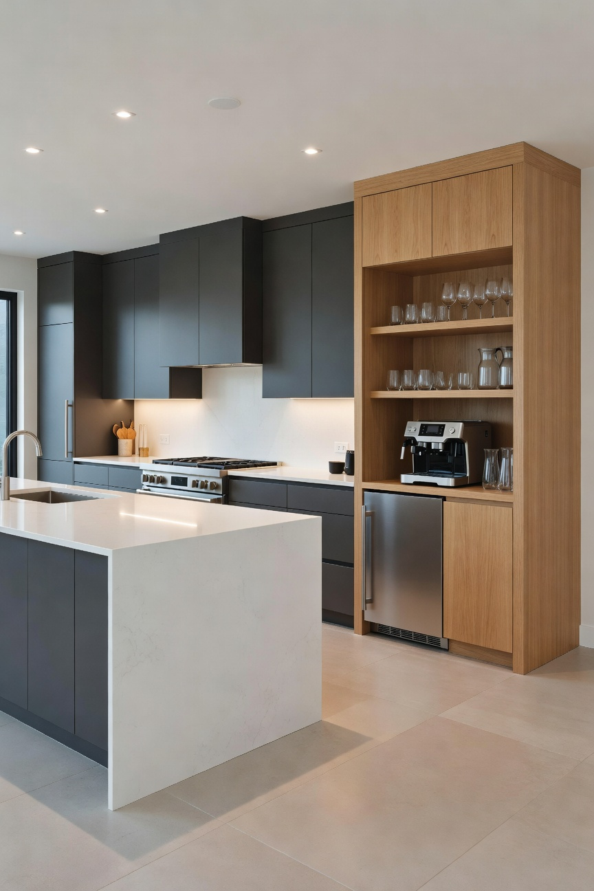 Wide architectural photograph of a sleek modern kitchen layout featuring a large central island and a strategically placed dedicated beverage hub with a mini-fridge and coffee station, separating guest traffic from the main cook zone.