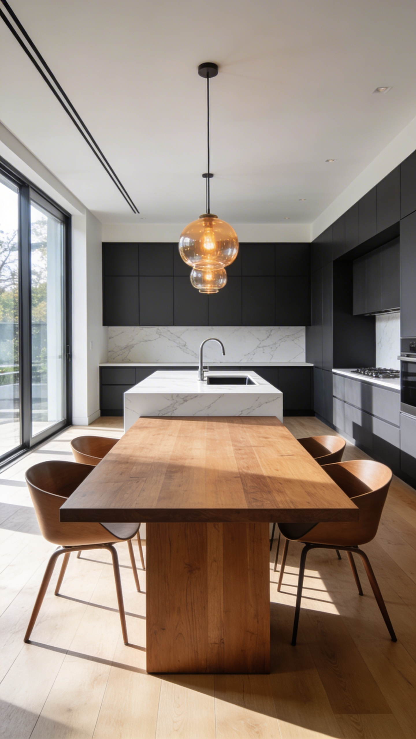 A modern kitchen island featuring a seamless wooden dining table extension and white marble countertops in a sunlit room.
