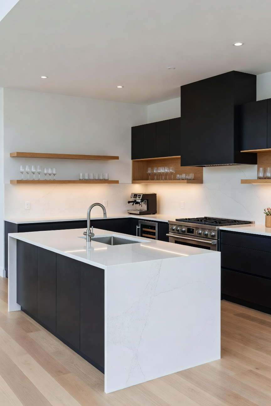 A spacious, high-end modern kitchen layout featuring distinct professional work zones, including a large central prep island, a dedicated cooking area, and a separate integrated beverage station, designed for simultaneous use.