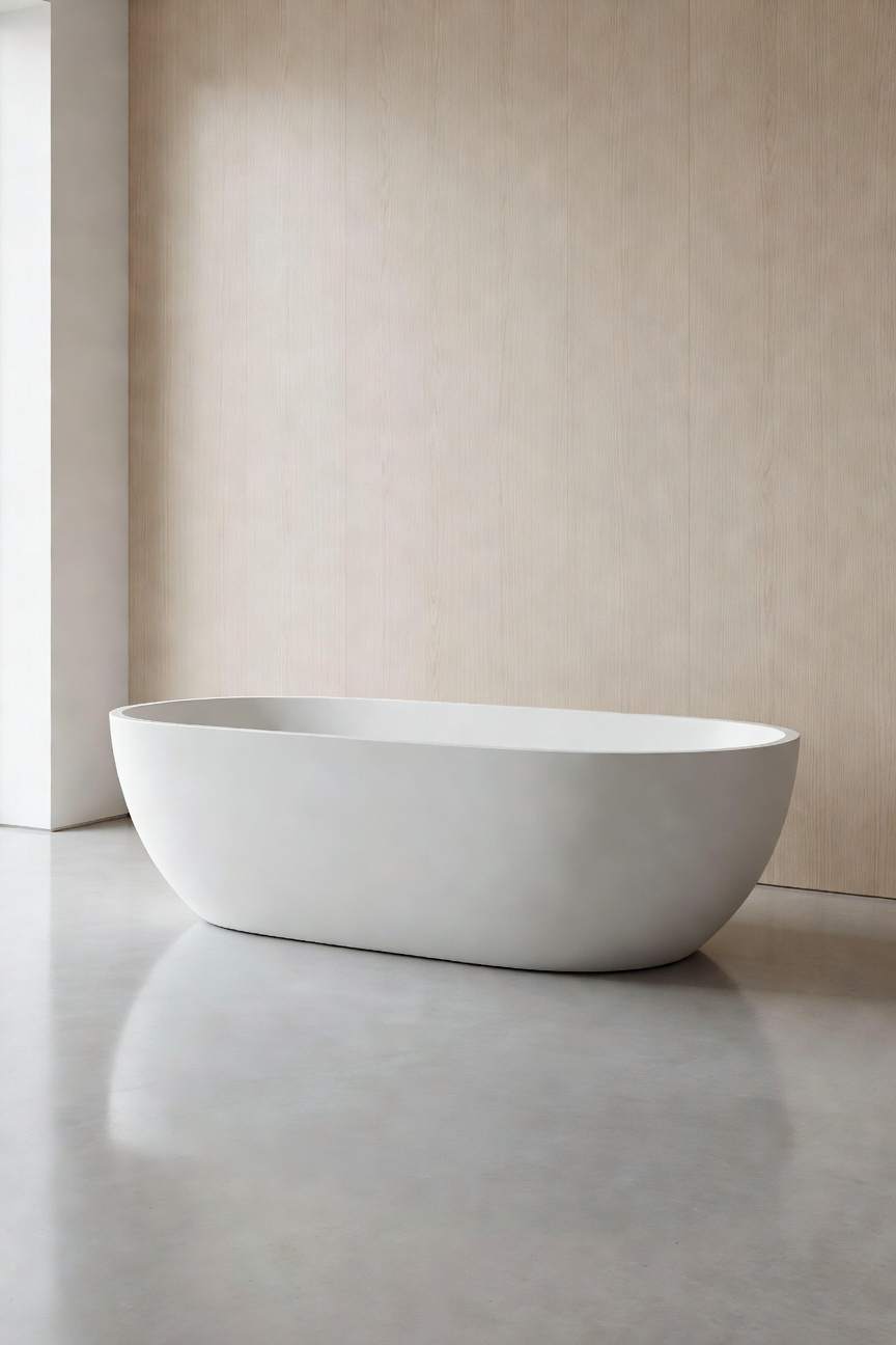 A sleek, low-profile freestanding matte white composite bathtub in a minimalist modern bathroom with concrete floors, highlighting its accessibility and sculptural design.