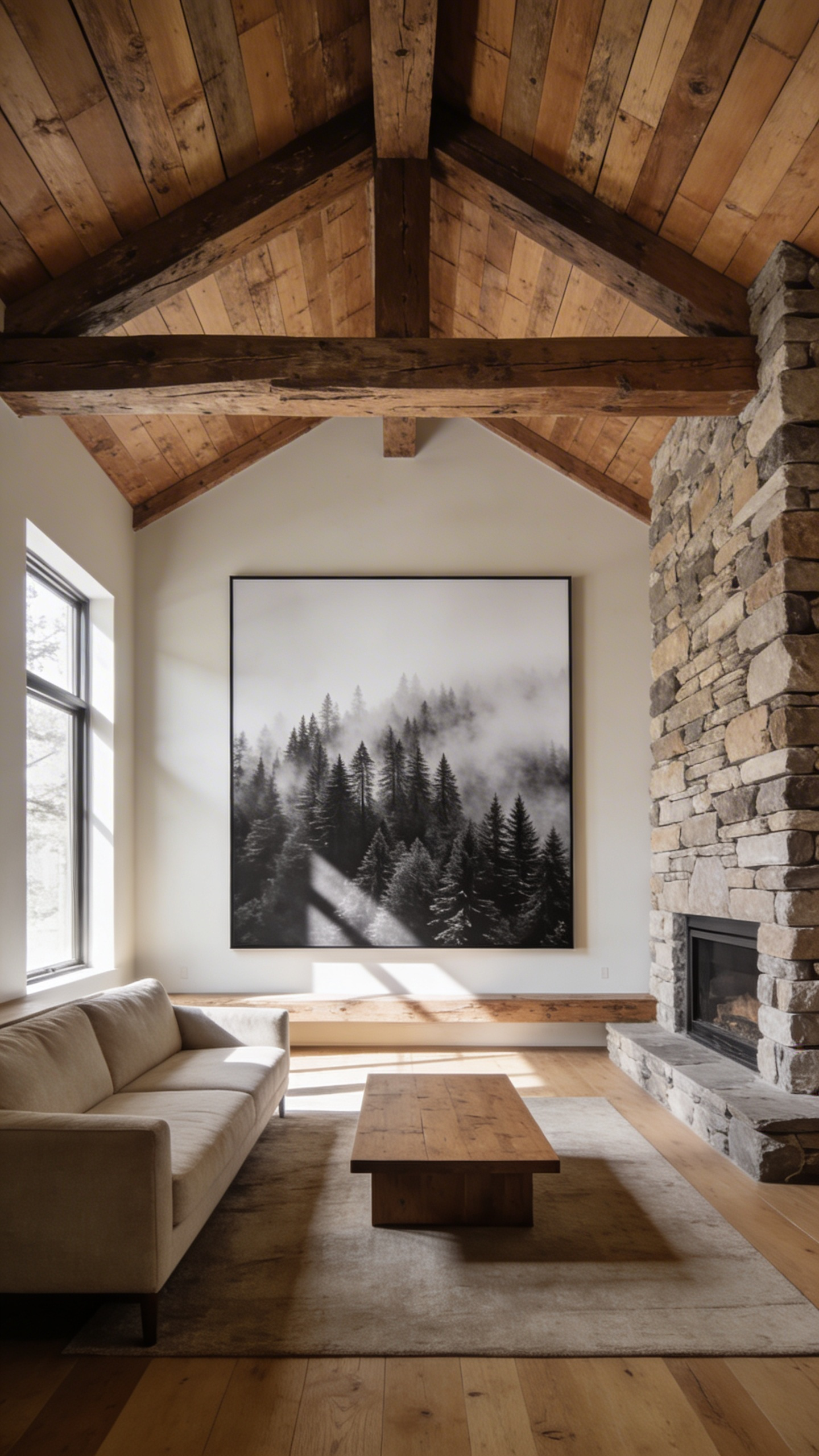 Large black and white nature photography print hanging in a modern rustic living room with reclaimed wood beams and neutral furniture.