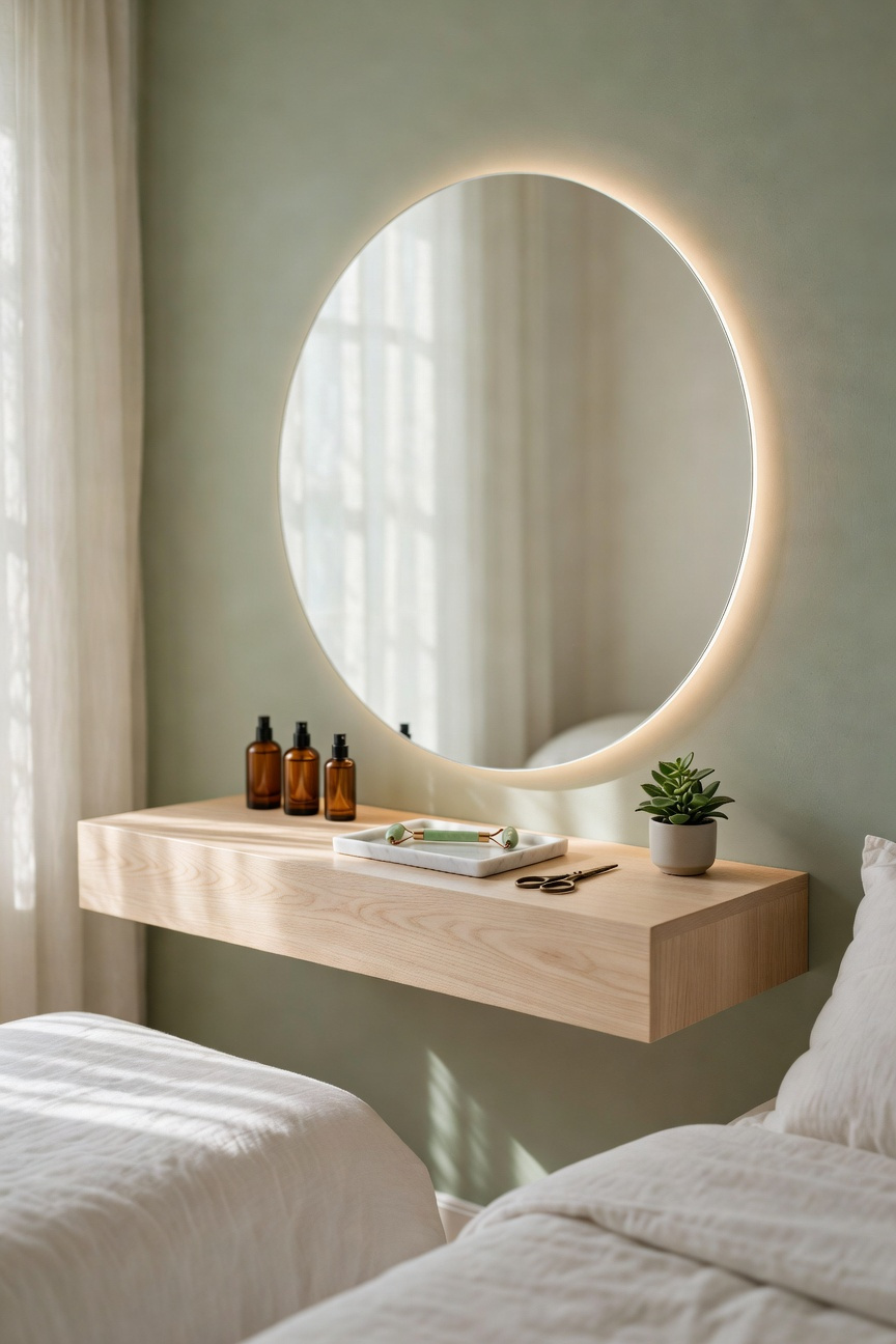 A modern, light oak floating vanity table setup with a large circular frameless mirror in a neutral bedroom, featuring curated self-care items and soft, atmospheric lighting.