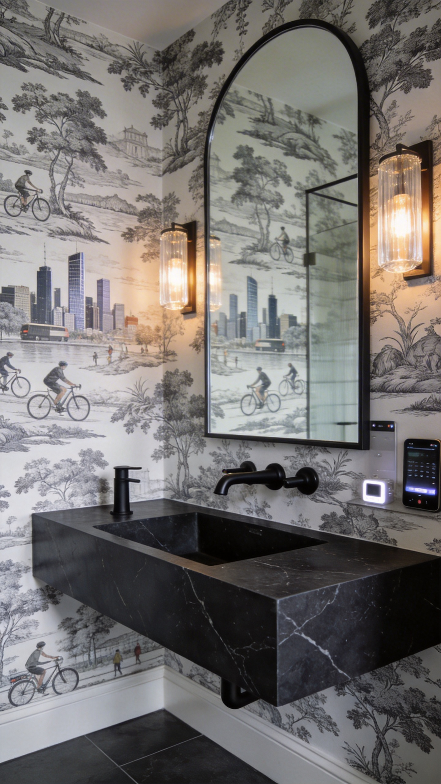 A modern bathroom interior featuring subversive Toile de Jouy wallpaper with contemporary urban scenes and a black marble vanity.