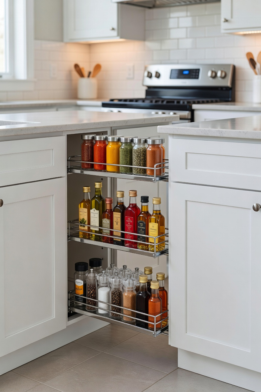 Narrow vertical pull-out spice rack fully extended from between two white kitchen cabinets, showcasing high-efficiency use of typically wasted filler space.