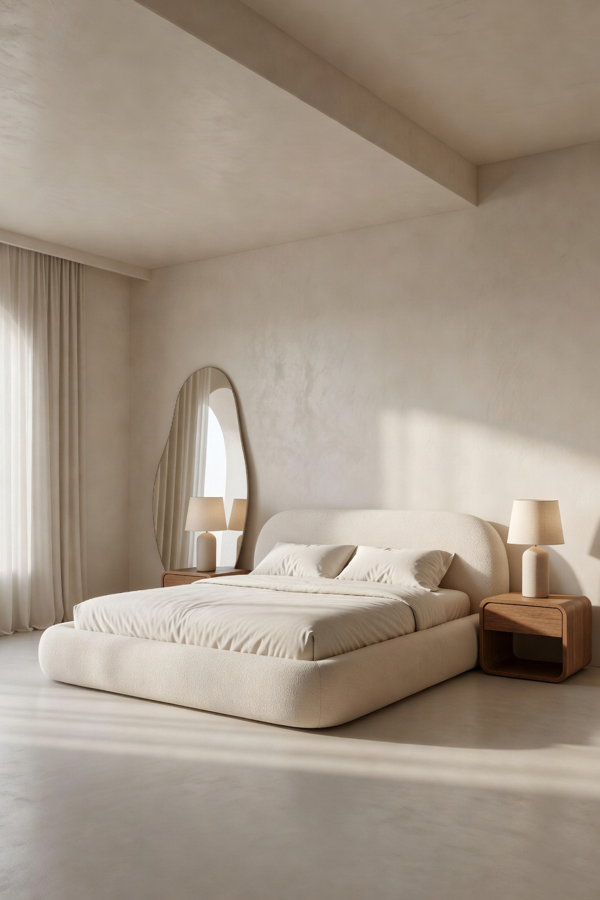 Serene modern bedroom with a large, rounded cream velvet bed and curved furniture designed to soften the room's sharp rectilinear architecture, emphasizing organic curves and continuous visual flow.
