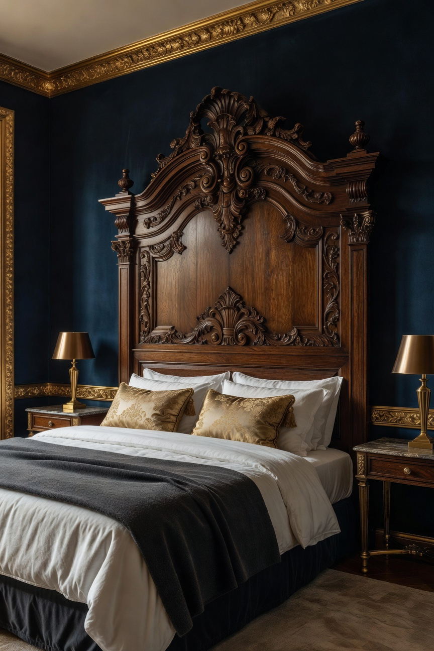 Detailed view of a luxurious master bedroom dominated by an oversized, intricately carved walnut headboard, anchoring the space above layered white bedding.