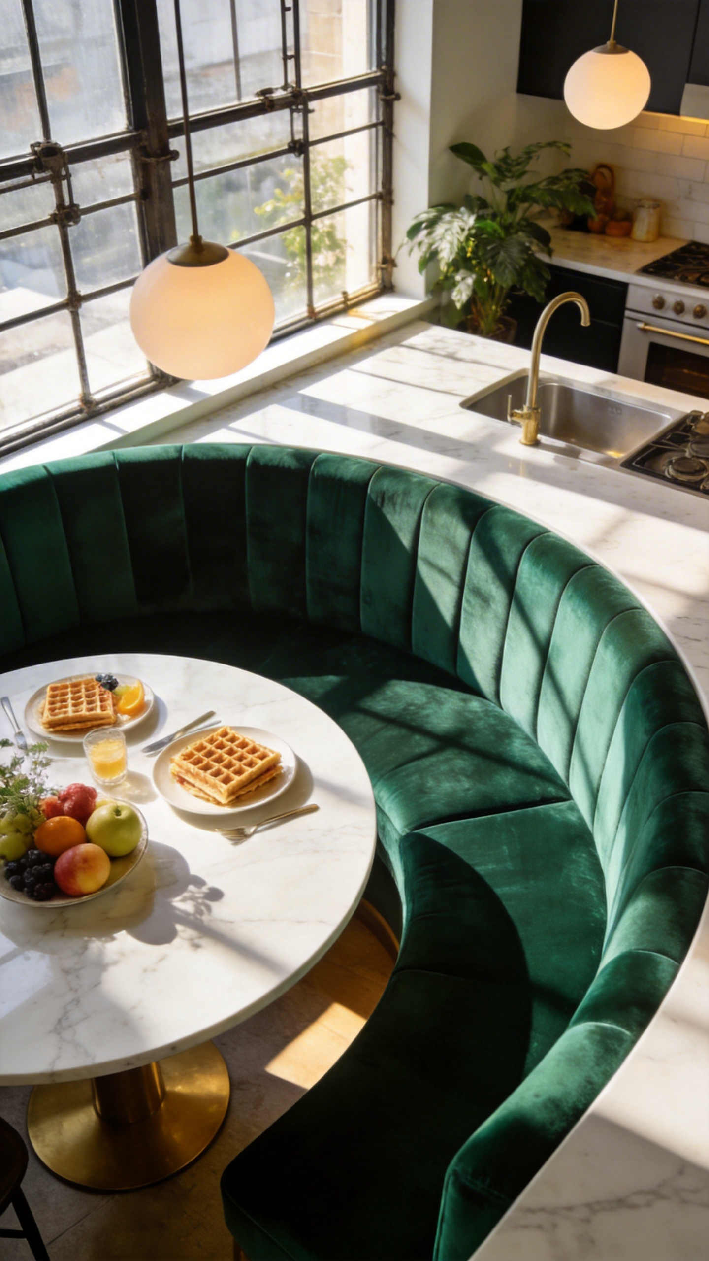 A bright modern kitchen breakfast nook featuring an emerald green performance velvet banquette and a white marble pedestal table under natural light.