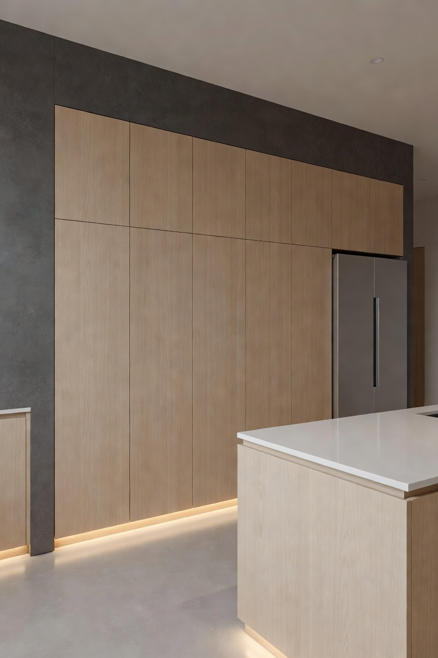 A modern, integrated kitchen showing the "Consumables Zone" featuring floor-to-ceiling light wood pantry storage and refrigerator columns placed strategically on the periphery wall of an open-plan space to maximize workflow efficiency and minimize traffic disruption.