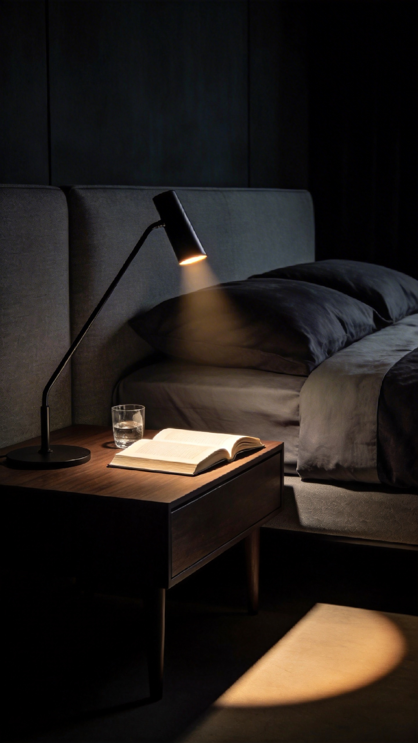 Detailed image showing a modern, articulated task lamp casting a precise, warm light beam onto a book on a nightstand, leaving the rest of the bedroom pitch dark to preserve sleep quality.