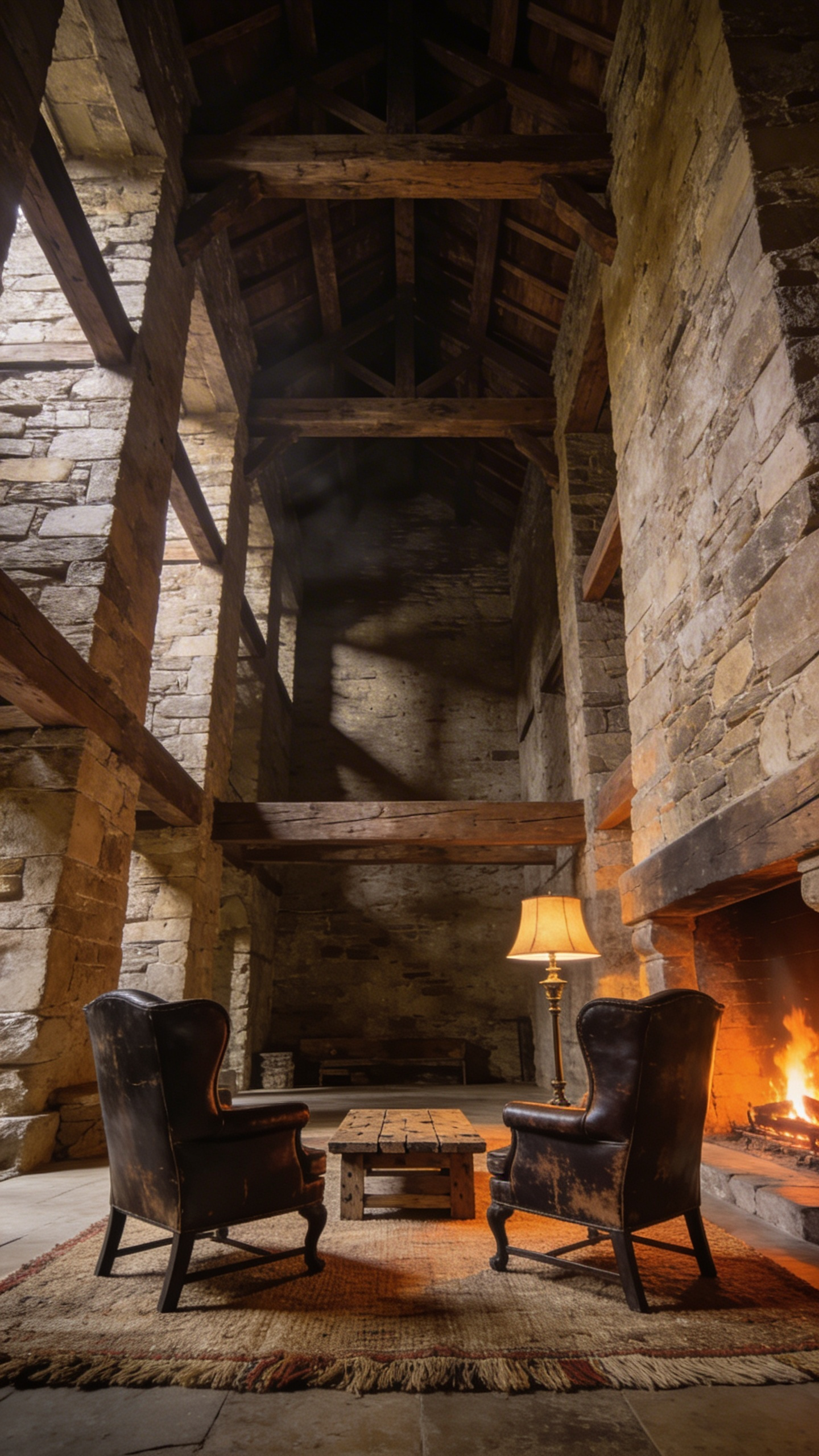 An intimate conversation circle featuring high-back wingback chairs and warm lighting centered in a large rustic living room with stone walls.