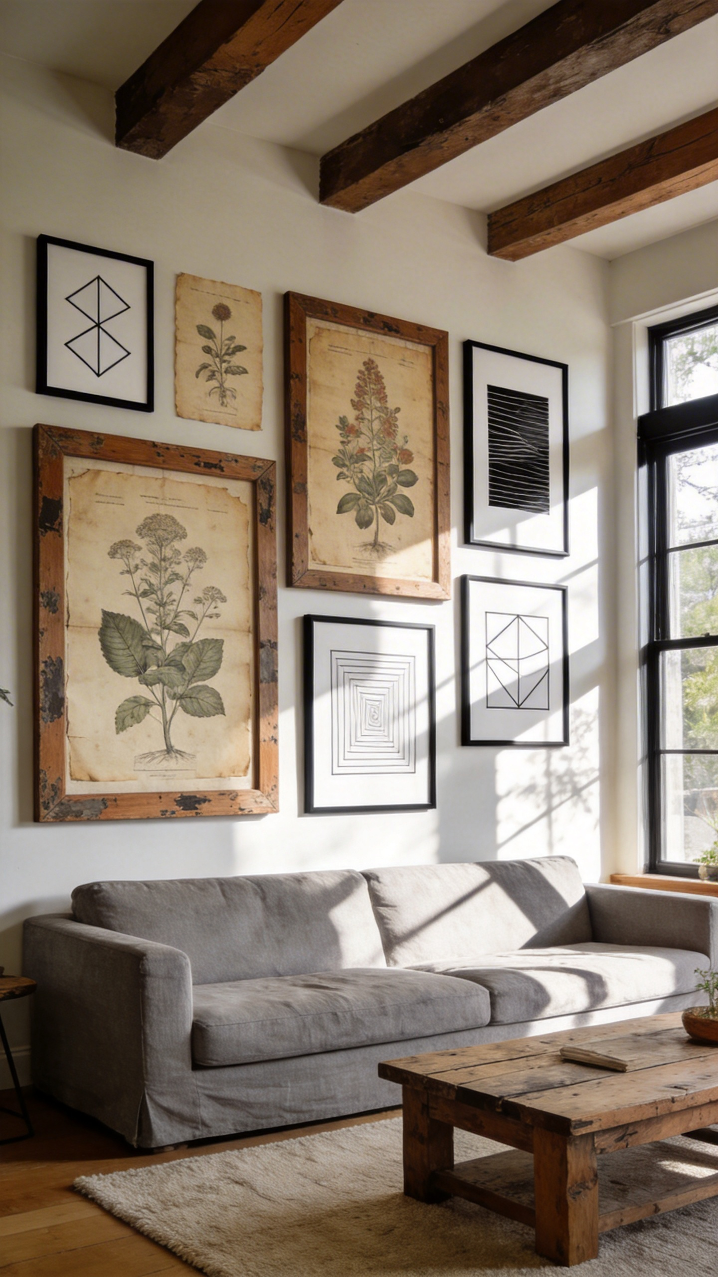 A modern rustic living room featuring a mixed-media gallery wall with vintage botanical illustrations and minimalist art prints above a linen sofa.