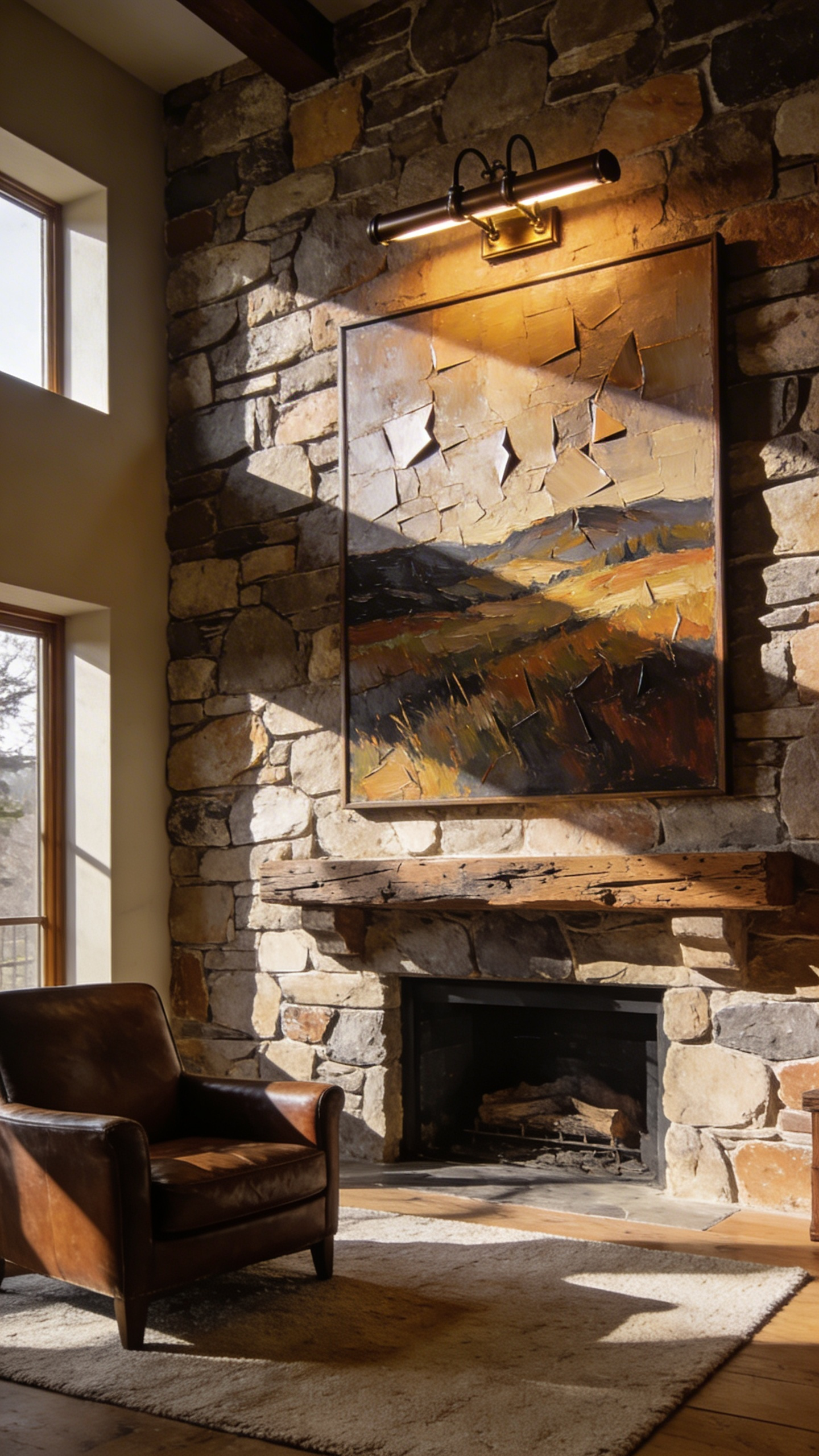 A rustic living room with a fieldstone wall and a landscape painting highlighted by specialized picture lighting to create texture and depth.
